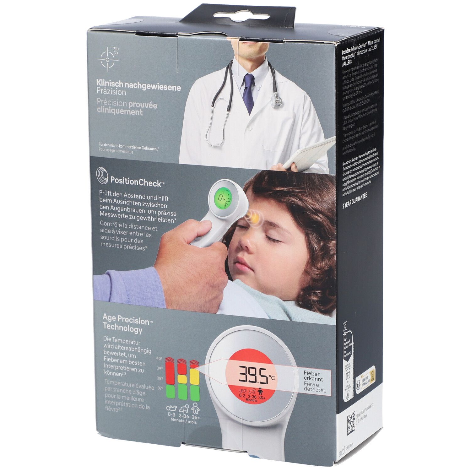 Emballage du thermomètre Braun. Illustration : médecin prend la température d'un enfant. Affichage de la température avec échelle de couleurs.