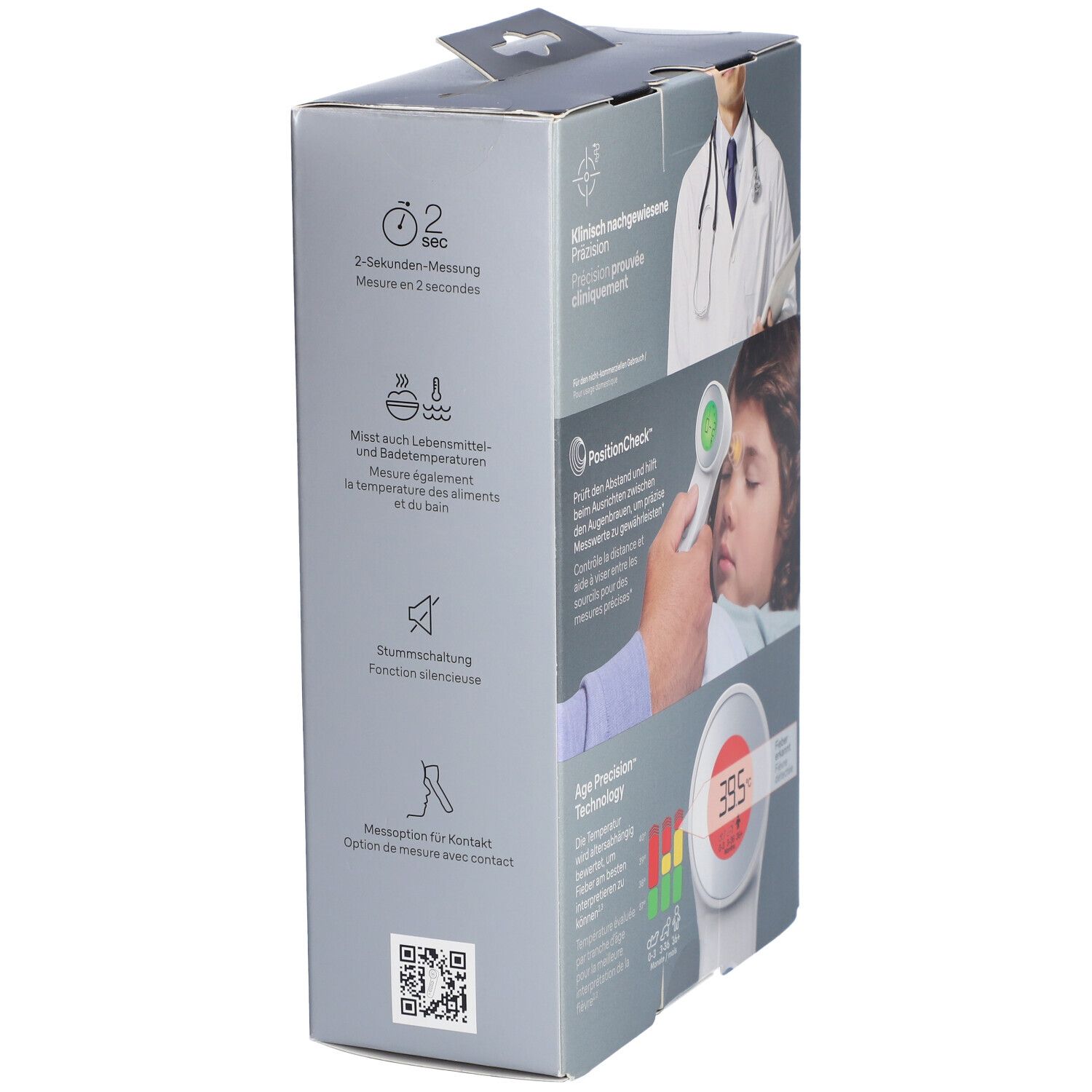Côté de l'emballage du thermomètre Braun. Illustrations : mesure en 2 secondes, silencieux, pour aliments, option de mesure.