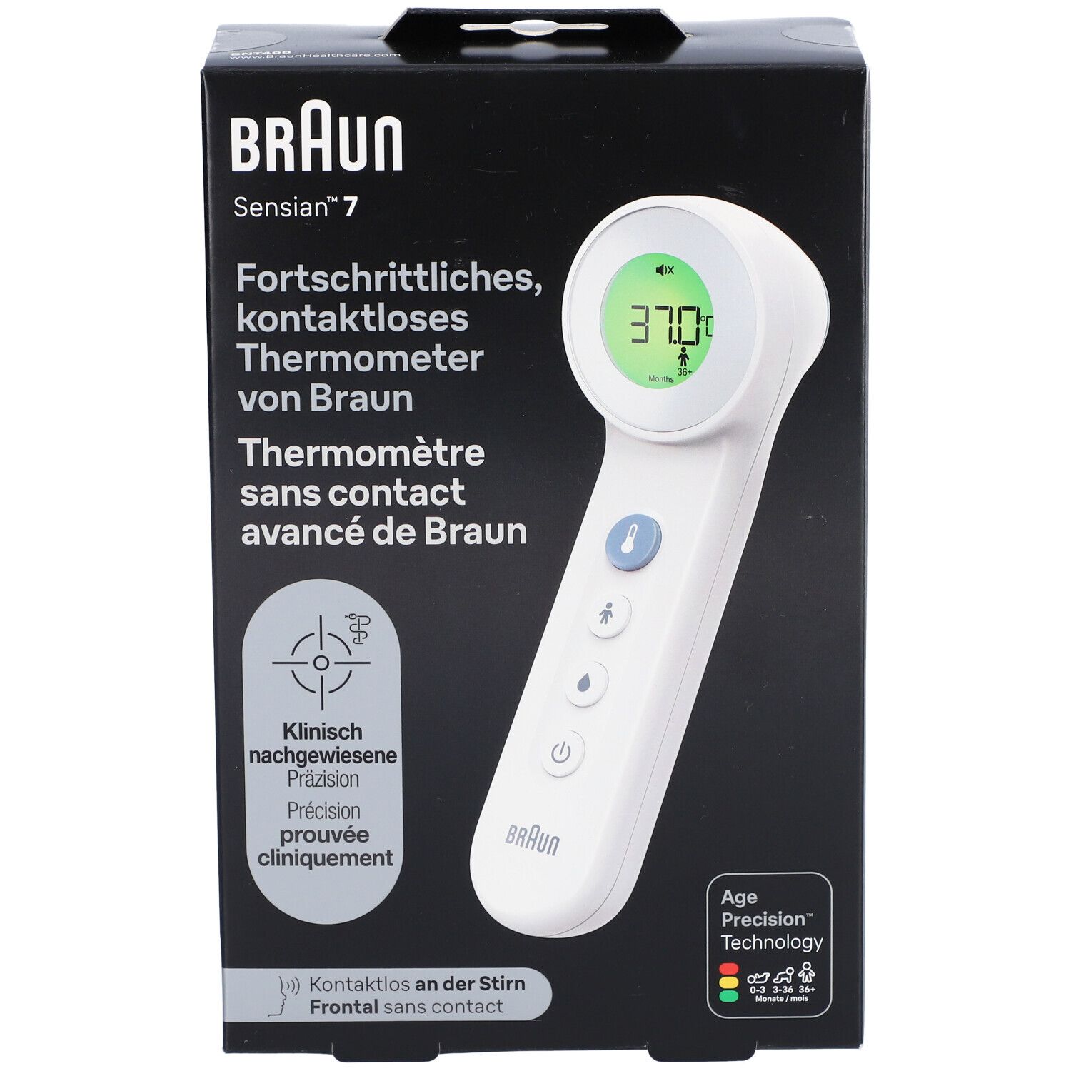 Thermomètre frontal sans contact Braun Sensian 7 dans son emballage. Appareil blanc avec écran, boîte noire avec texte.