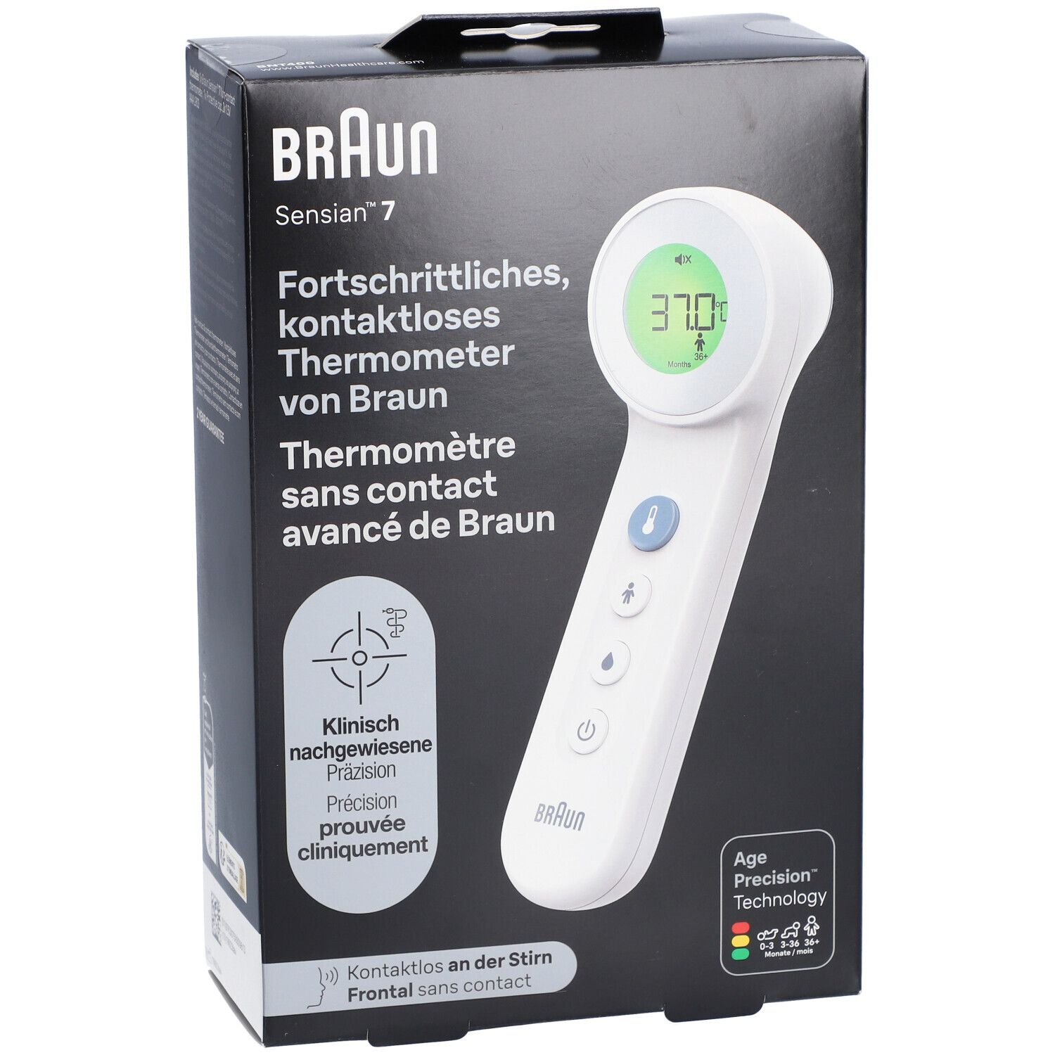 Thermomètre frontal sans contact Braun Sensian 7 dans son emballage. Appareil blanc avec écran, boîte noire avec texte.