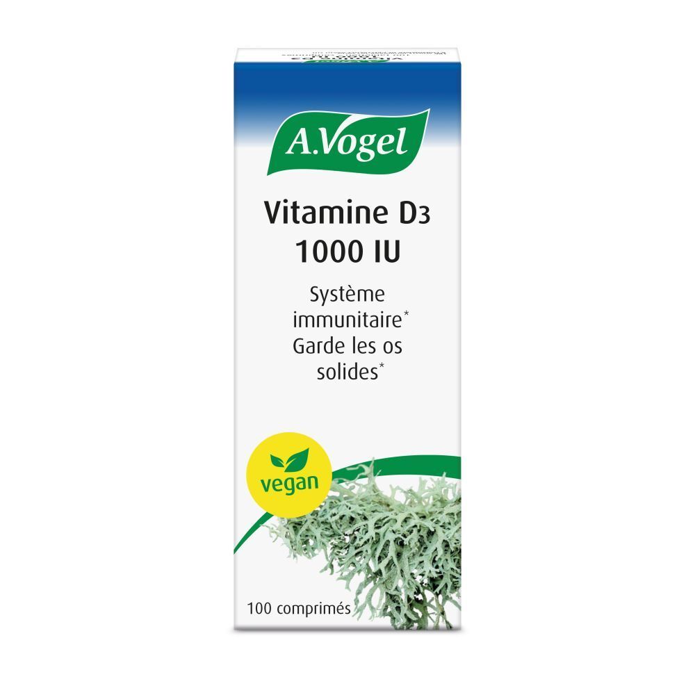 Productverpakking. A. Vogel, Vitamine D3 1000 IE, vegan. 100 tabletten. Systeem immunitaire, Garde les os solides.