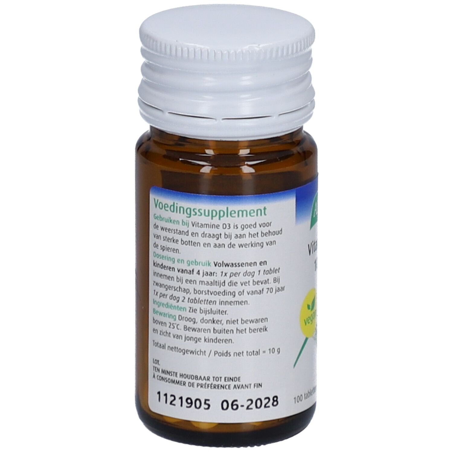 Achterkant van de bruine glazen fles. Etiket met informatie over ingrediënten en gebruik. 100 tabletten.