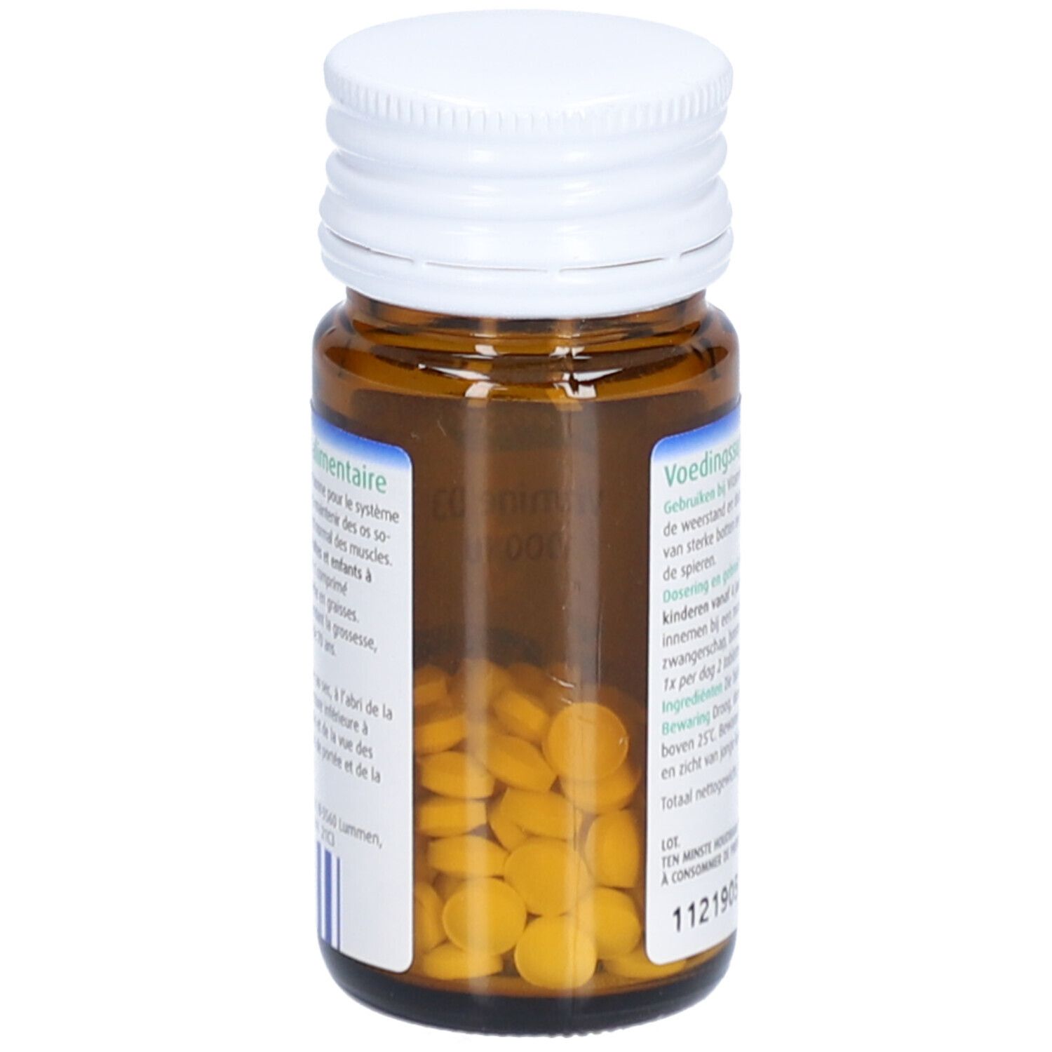 Bruine glazen fles met gele tabletten. Witte dop. Tabletten zichtbaar. 100 tabletten.