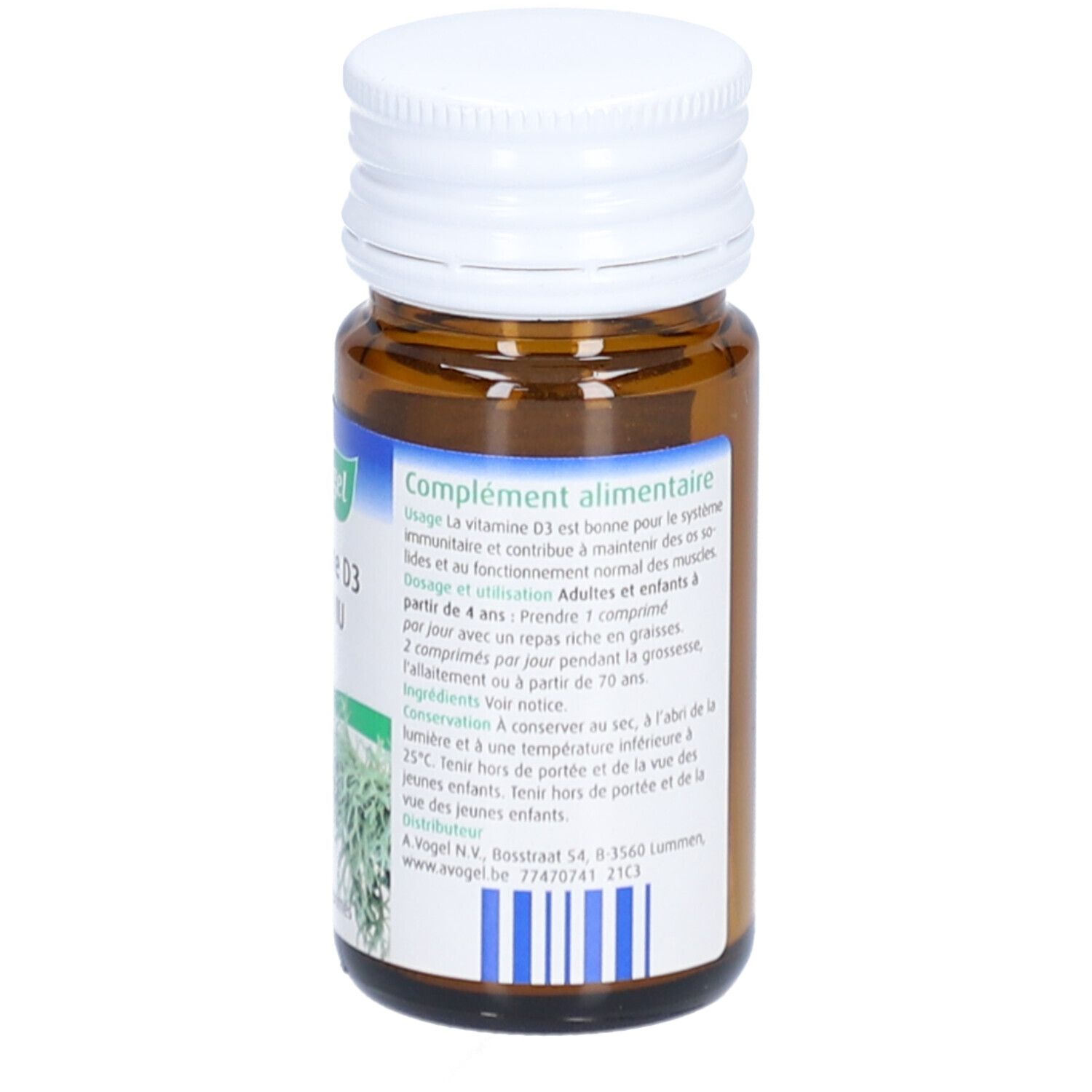Achterkant van de bruine glazen fles. Etiket met informatie over ingrediënten en gebruik. 100 tabletten.