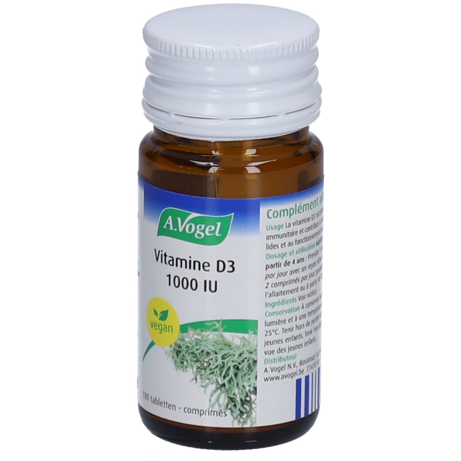 Bruine glazen fles met witte dop. Etiket met A. Vogel, Vitamine D3 1000 IE, vegan. 100 tabletten.