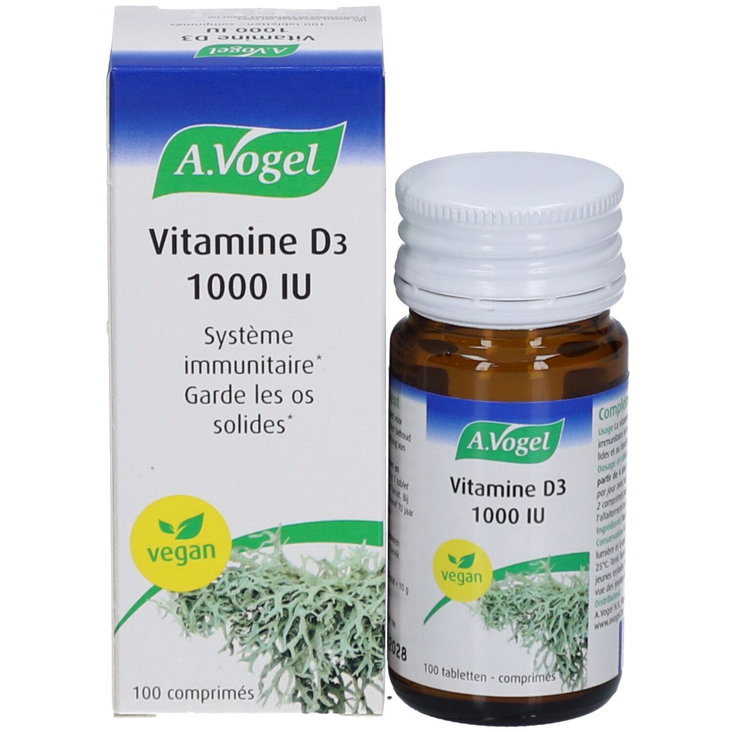 Productverpakking en fles. Verpakking met A. Vogel, Vitamine D3 1000 IE, vegan. 100 tabletten. Fles ernaast.