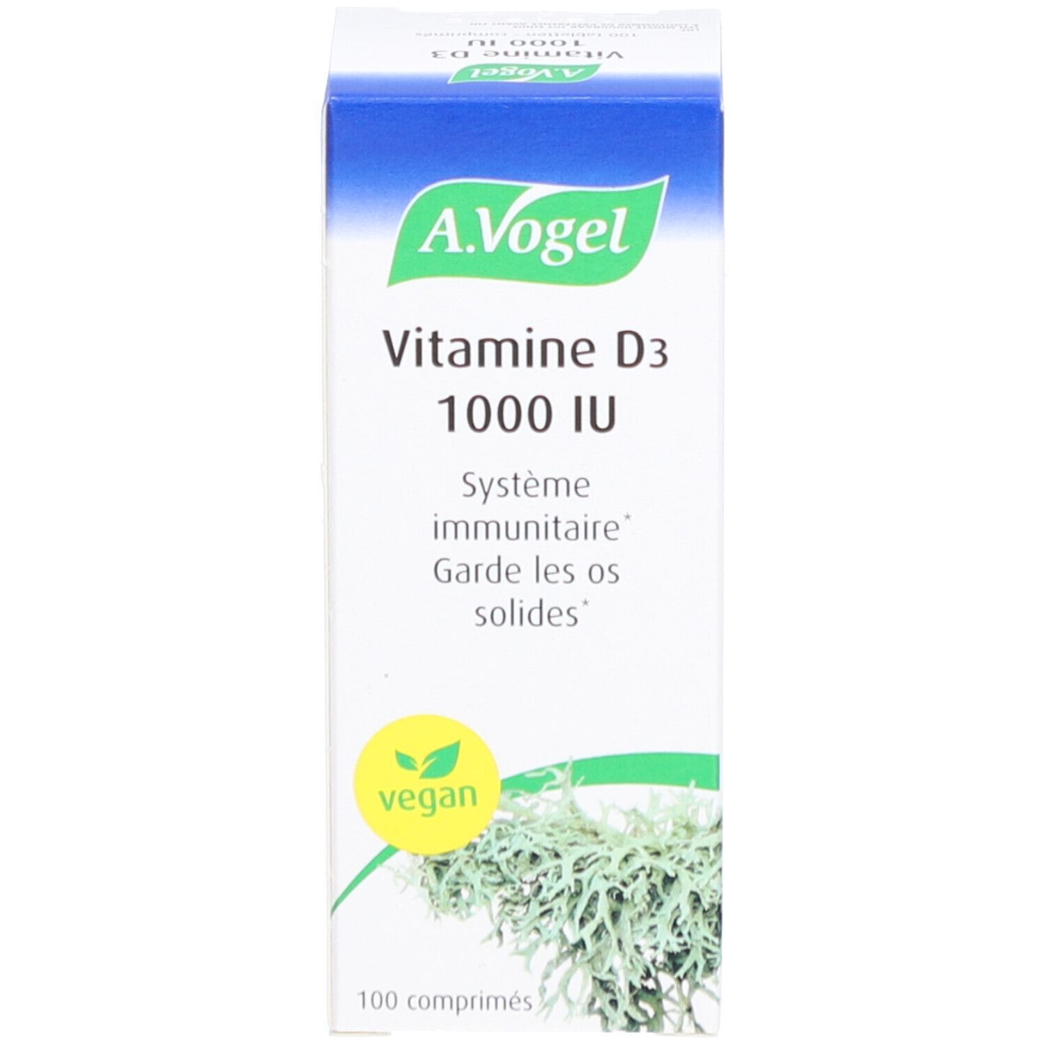 Productverpakking. A. Vogel, Vitamine D3 1000 IE, vegan. 100 tabletten. Systeem immunitaire, Garde les os solides.
