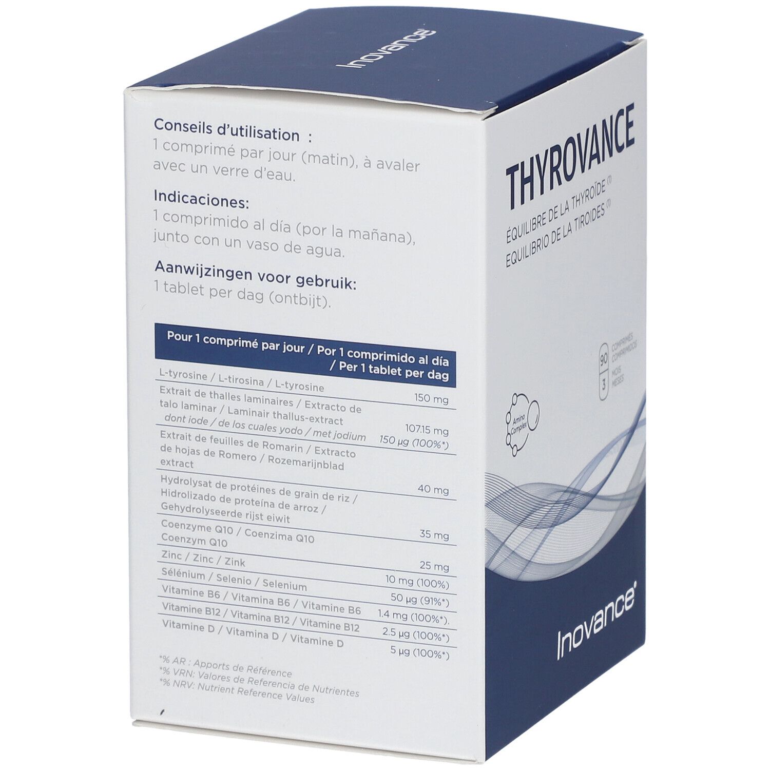 Achterkant van de verpakking. Bevat ingrediënten en dosering. Bevat L-Tyrosine, Laminaria, Co-enzym Q10, Zink, Selenium.