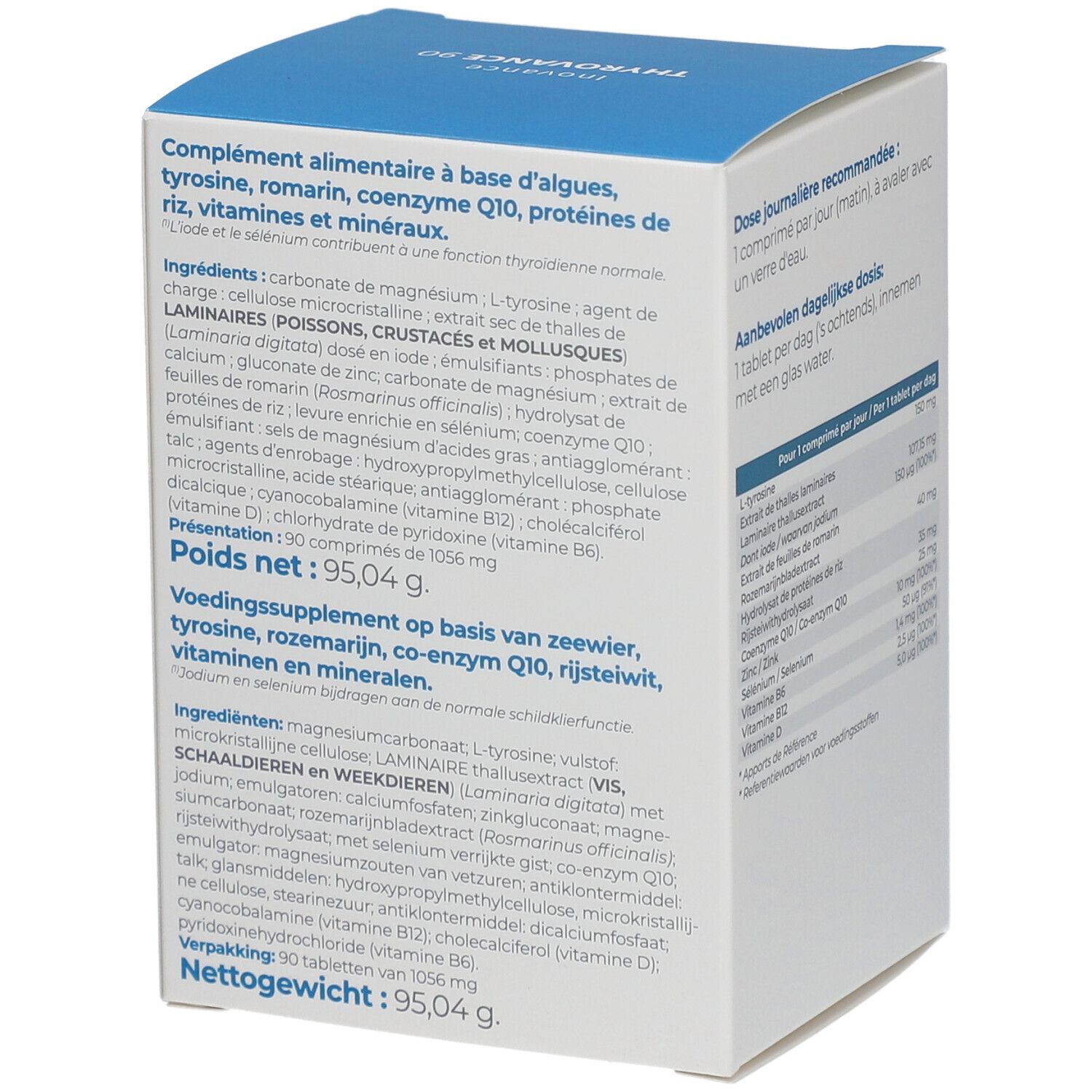Achterkant van de verpakking met ingrediënten. Bevat magnesiumcarbonaat, L-tyrosine, laminaria, zink, selenium, vitamine B6.