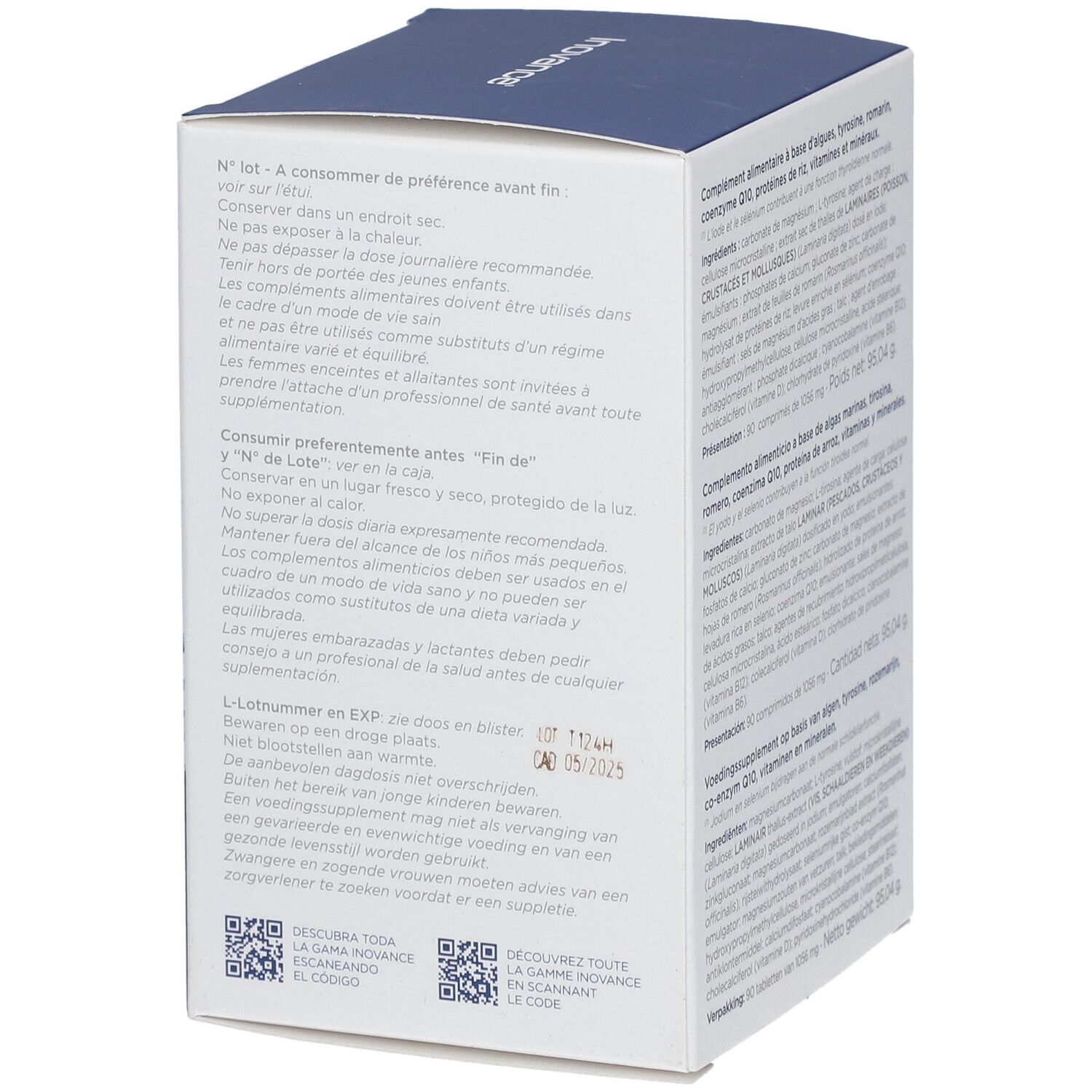 Achterkant van de verpakking met waarschuwingen. Bevat informatie over gebruik en opslag. QR-codes.