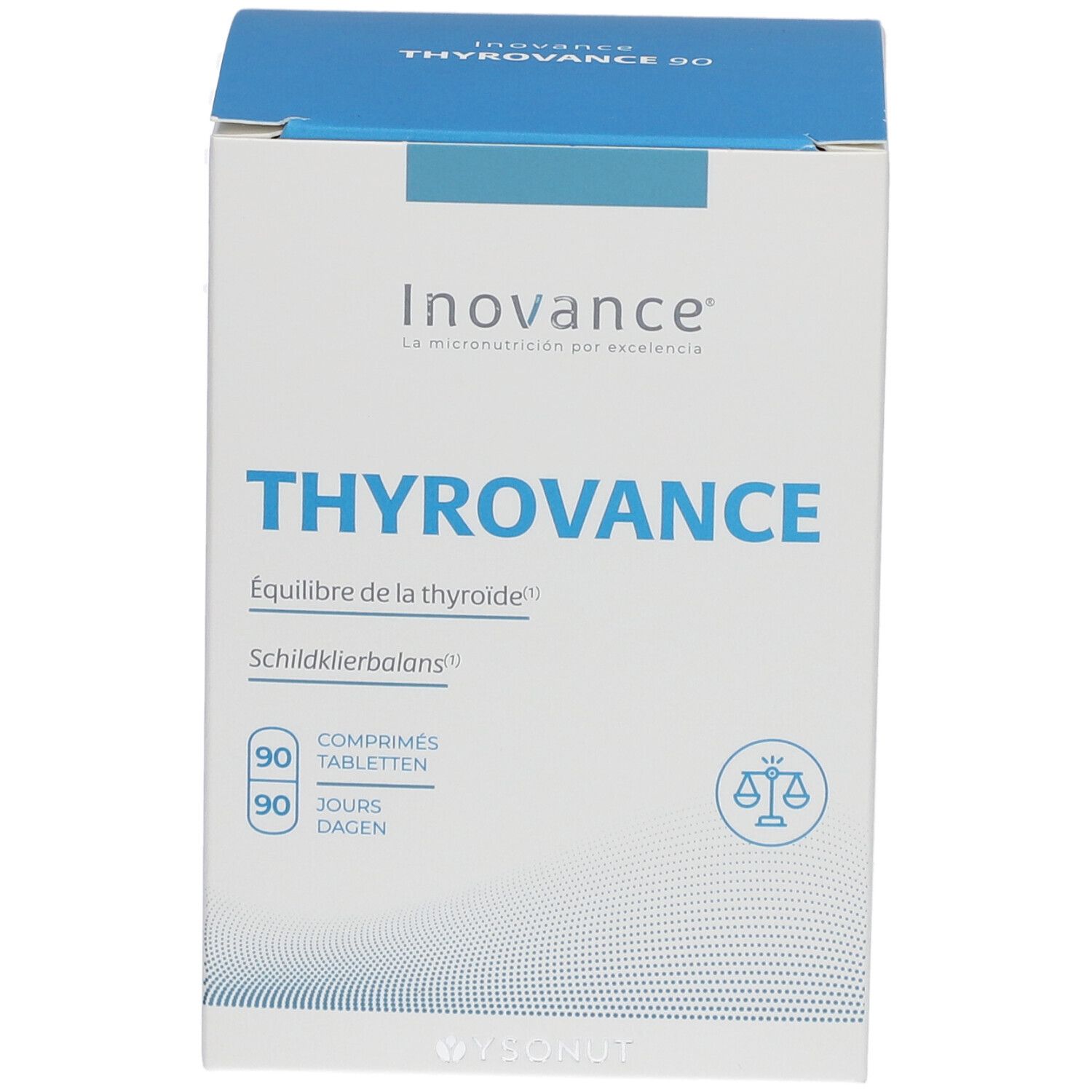 Witte verpakking met blauwe tekst. Opschrift: THYROVANCE, Inovance. Bevat 90 tabletten.