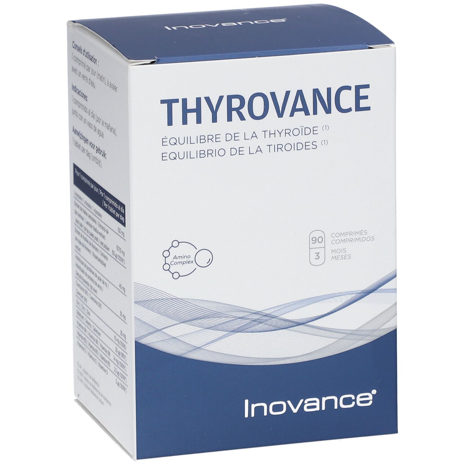 Witte en blauwe doos. Opschrift: THYROVANCE, Inovance. Bevat 90 tabletten voor 3 maanden.