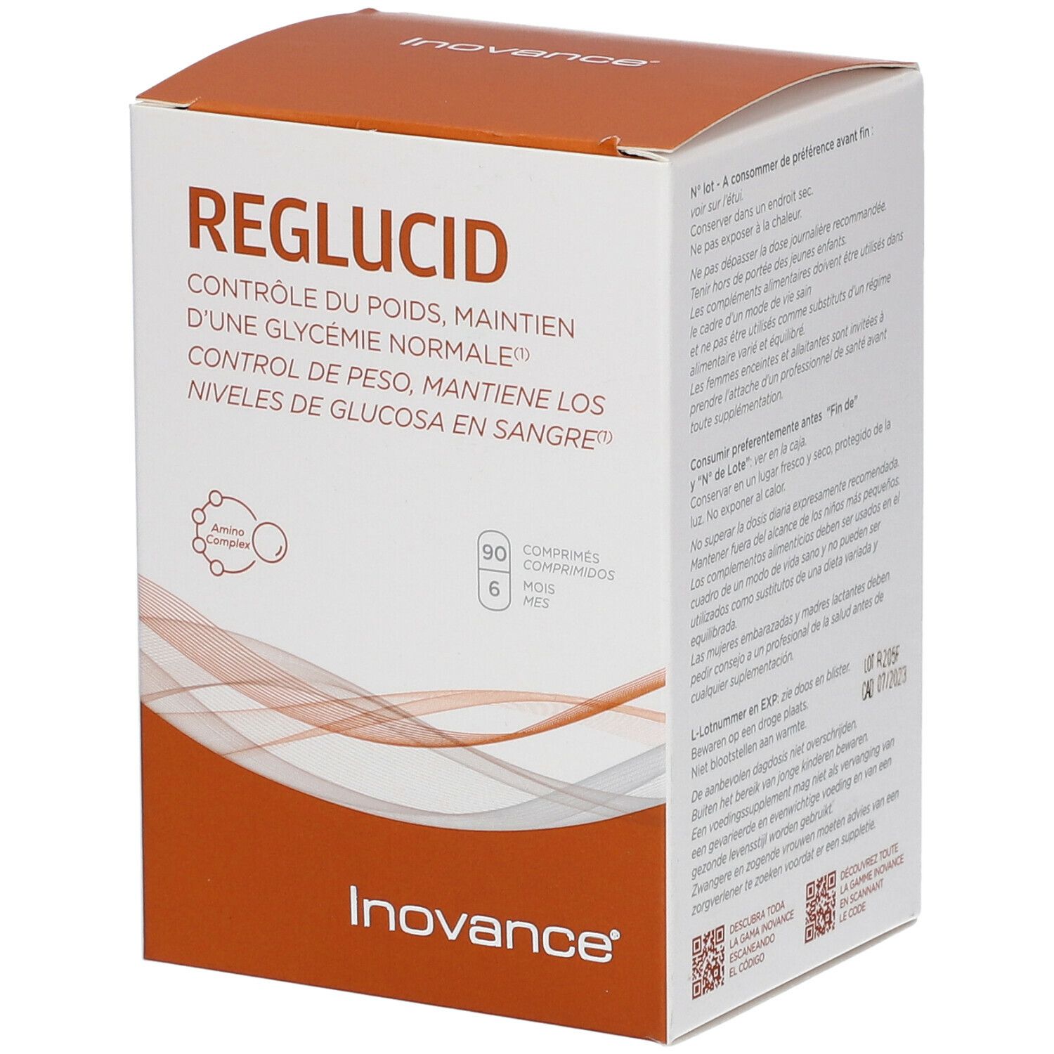 Boîte Inovance Reglucid. Inscription: Reglucid, contrôle du poids, maintien d'une glycémie normale. Contient 90 comprimés.