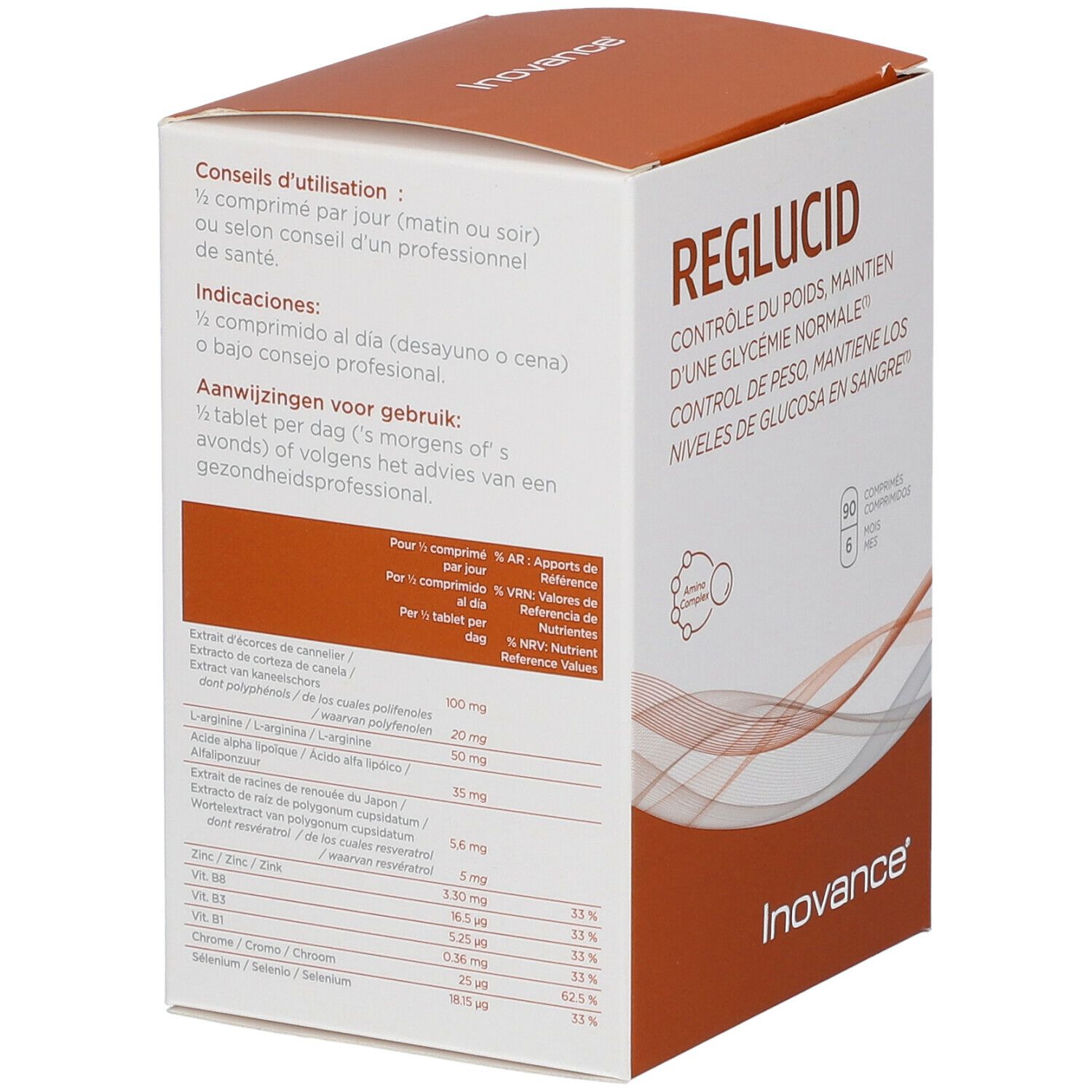 Dos de la boîte Inovance Reglucid. Contient des informations sur l'utilisation, les ingrédients et les valeurs nutritionnelles.