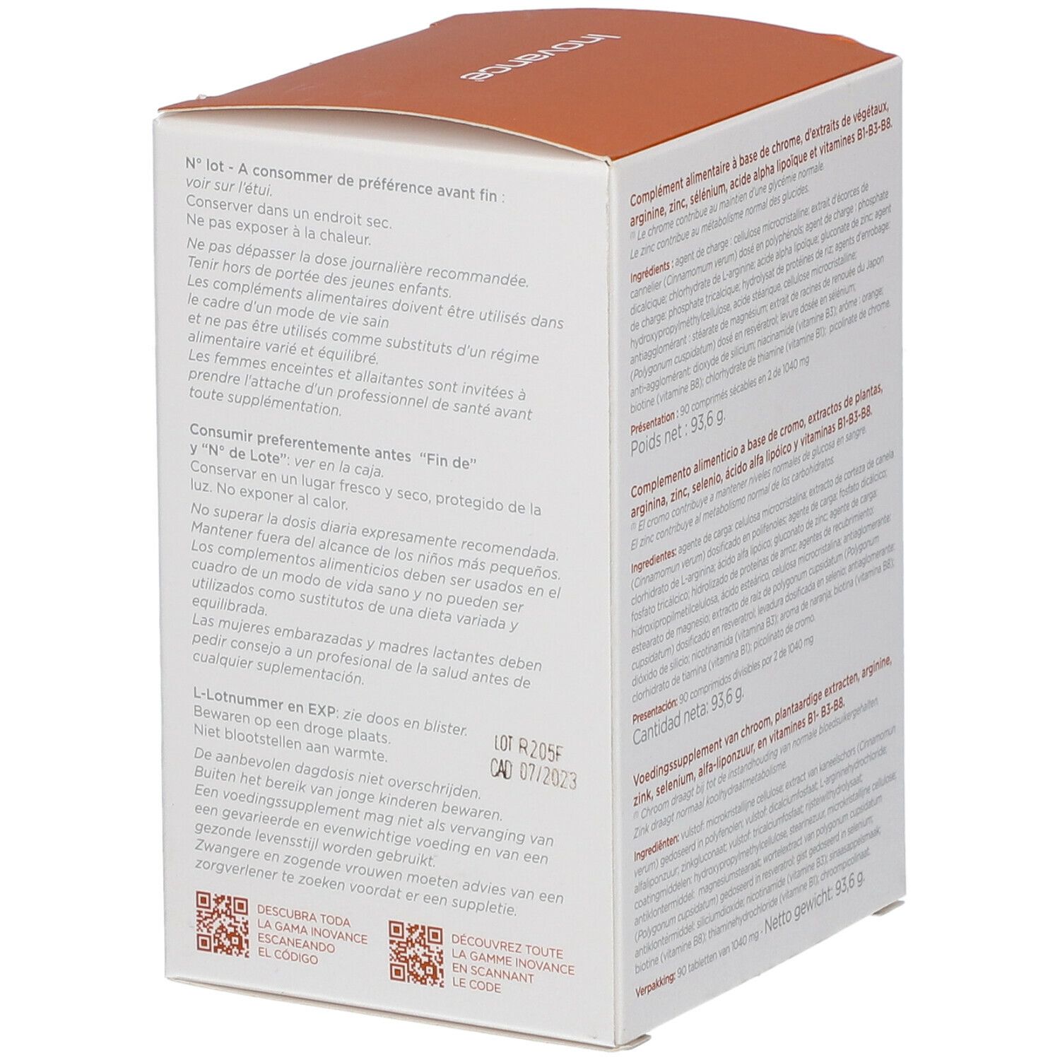 Dos de la boîte Inovance Reglucid. Contient des informations sur les ingrédients, la date de péremption et les avertissements.