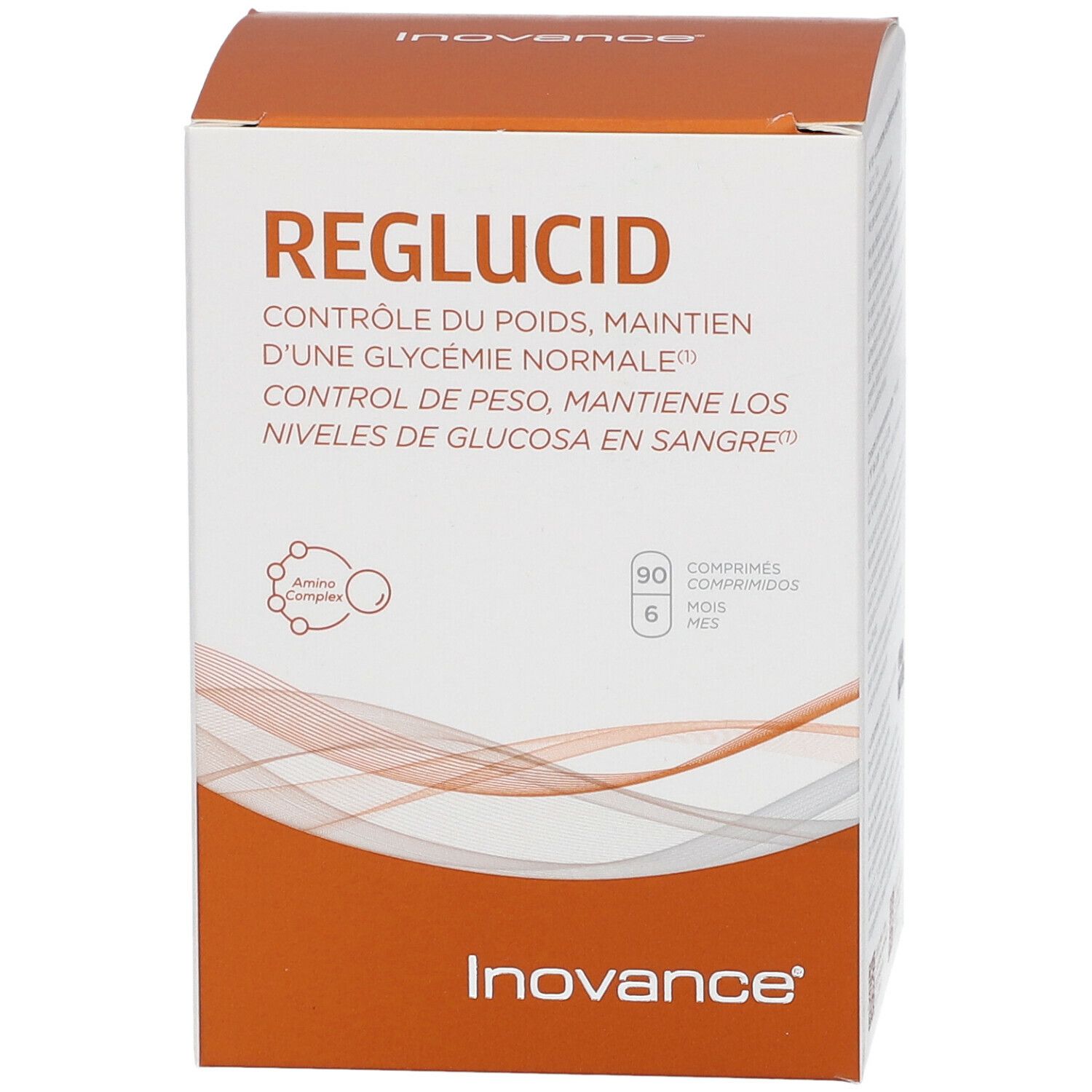 Boîte Inovance Reglucid. Inscription: Reglucid, contrôle du poids, maintien d'une glycémie normale. Contient 90 comprimés.