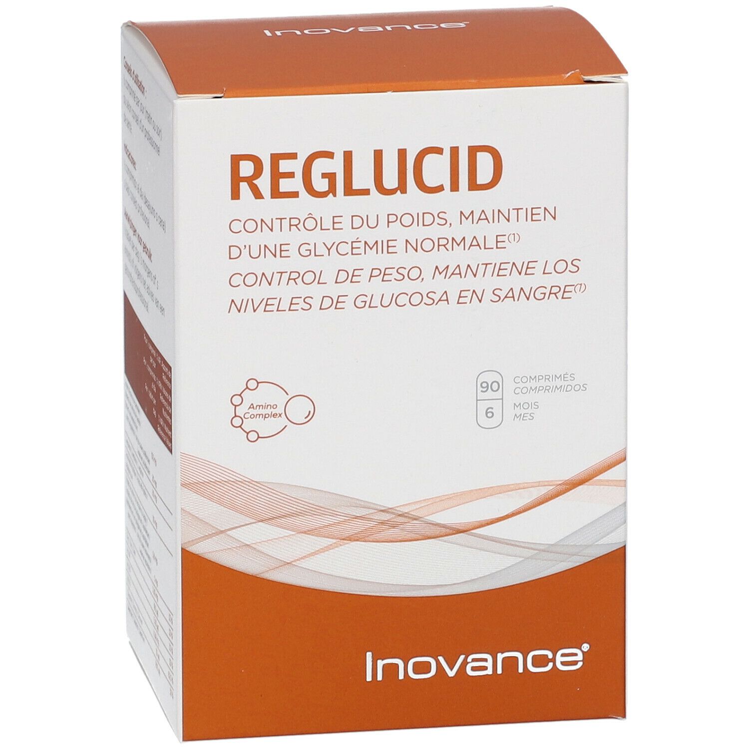 Boîte Inovance Reglucid. Inscription: Reglucid, contrôle du poids, maintien d'une glycémie normale. Contient 90 comprimés.