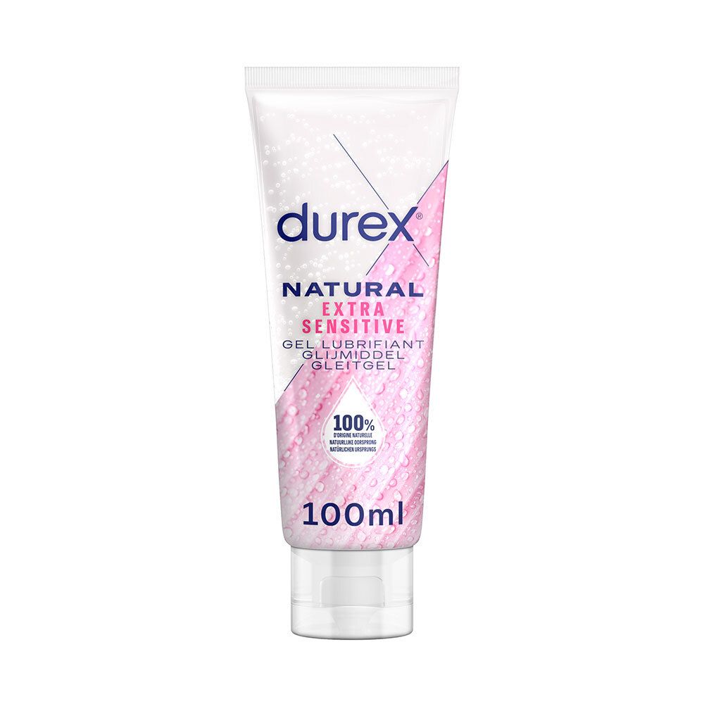Tube de gel lubrifiant "durex Natural Extra Sensitive". Ingrédients 100% naturels. Contenance 100ml. Logo et accents roses.