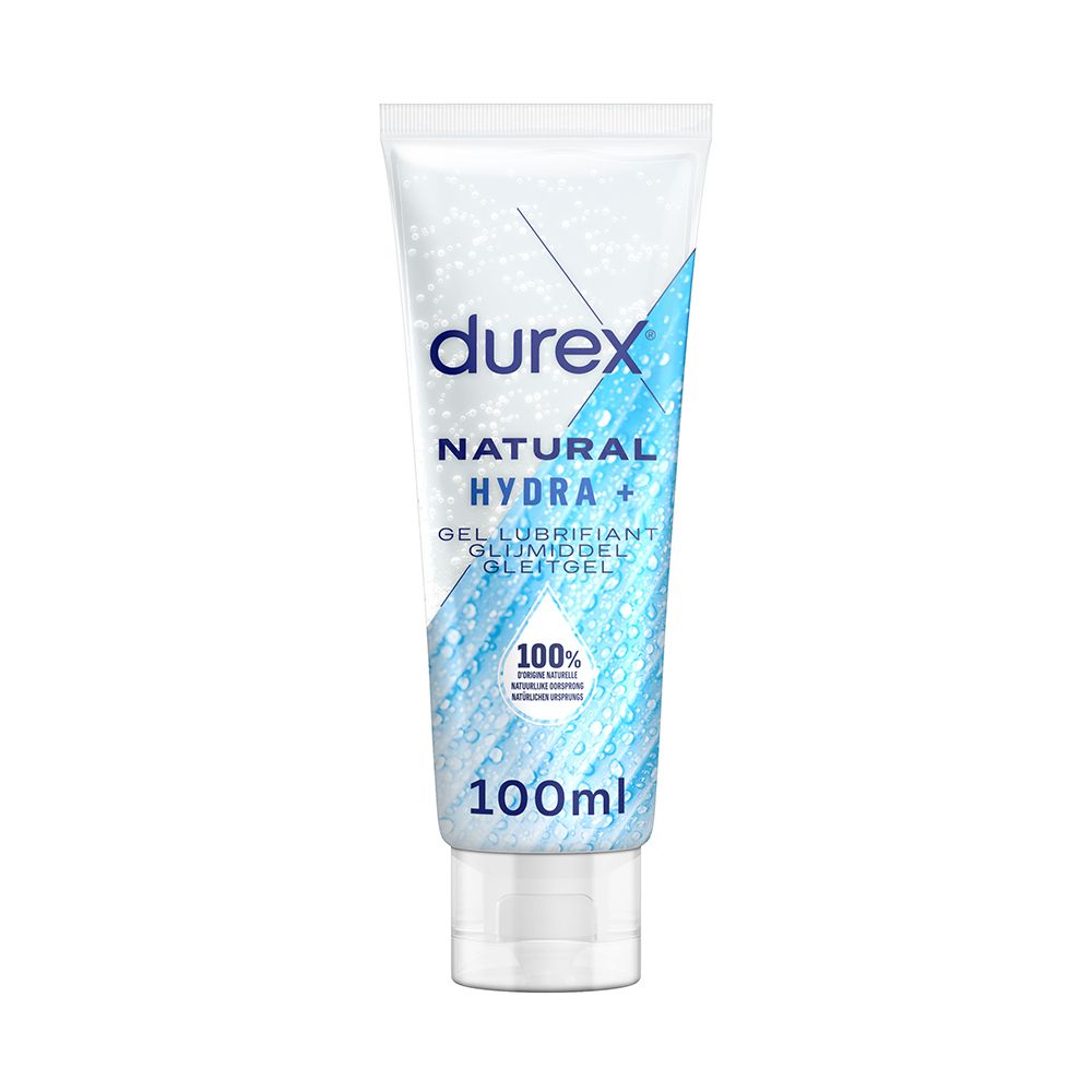 Tube de gel lubrifiant Durex Natural Hydra+. 100ml. Inscription : 100% d'origine naturelle.