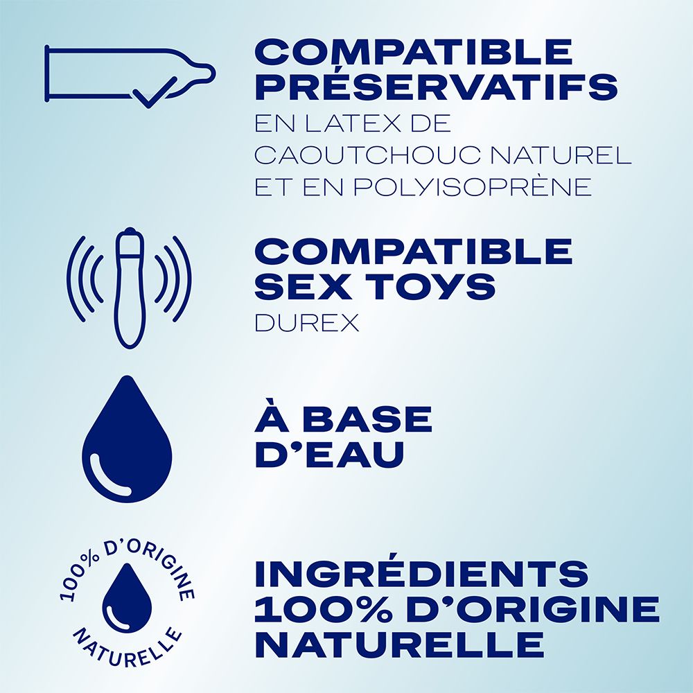 Graphique avec texte : Compatible préservatifs, sex toys. À base d'eau. Ingrédients 100% naturels.