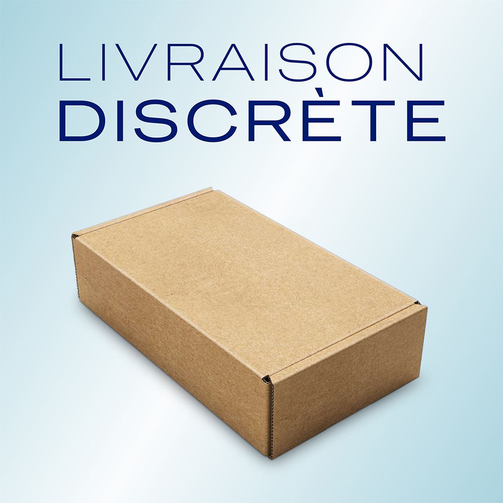 Boîte d'expédition marron. Texte : Livraison discrète.