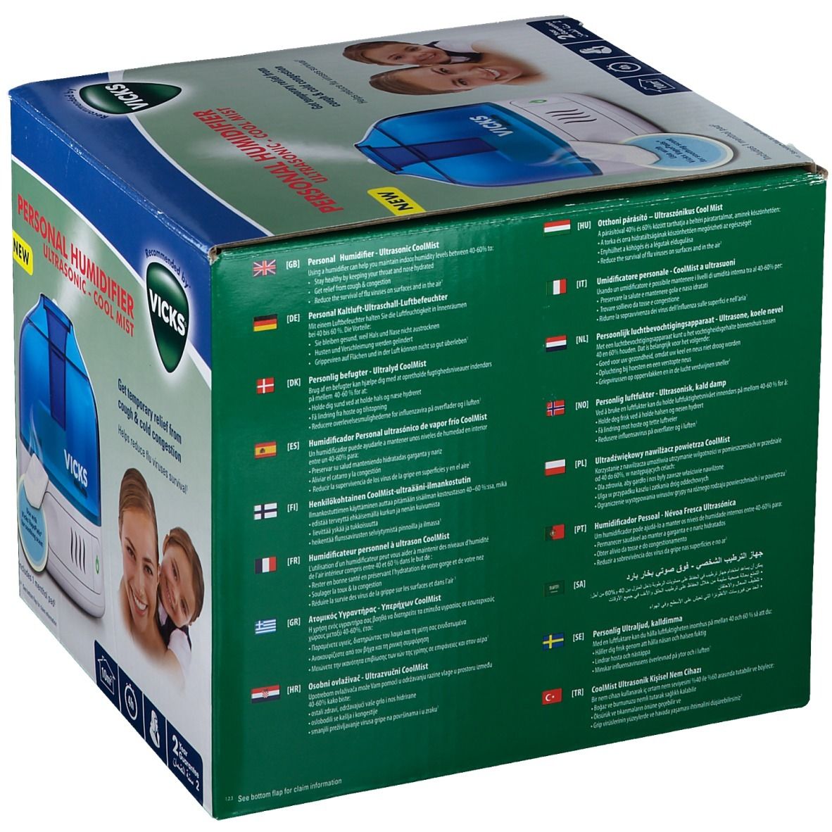 Dos de la boîte Vicks Humidificateur personnel. Texte multilingue et logos. Illustration de l'humidificateur.