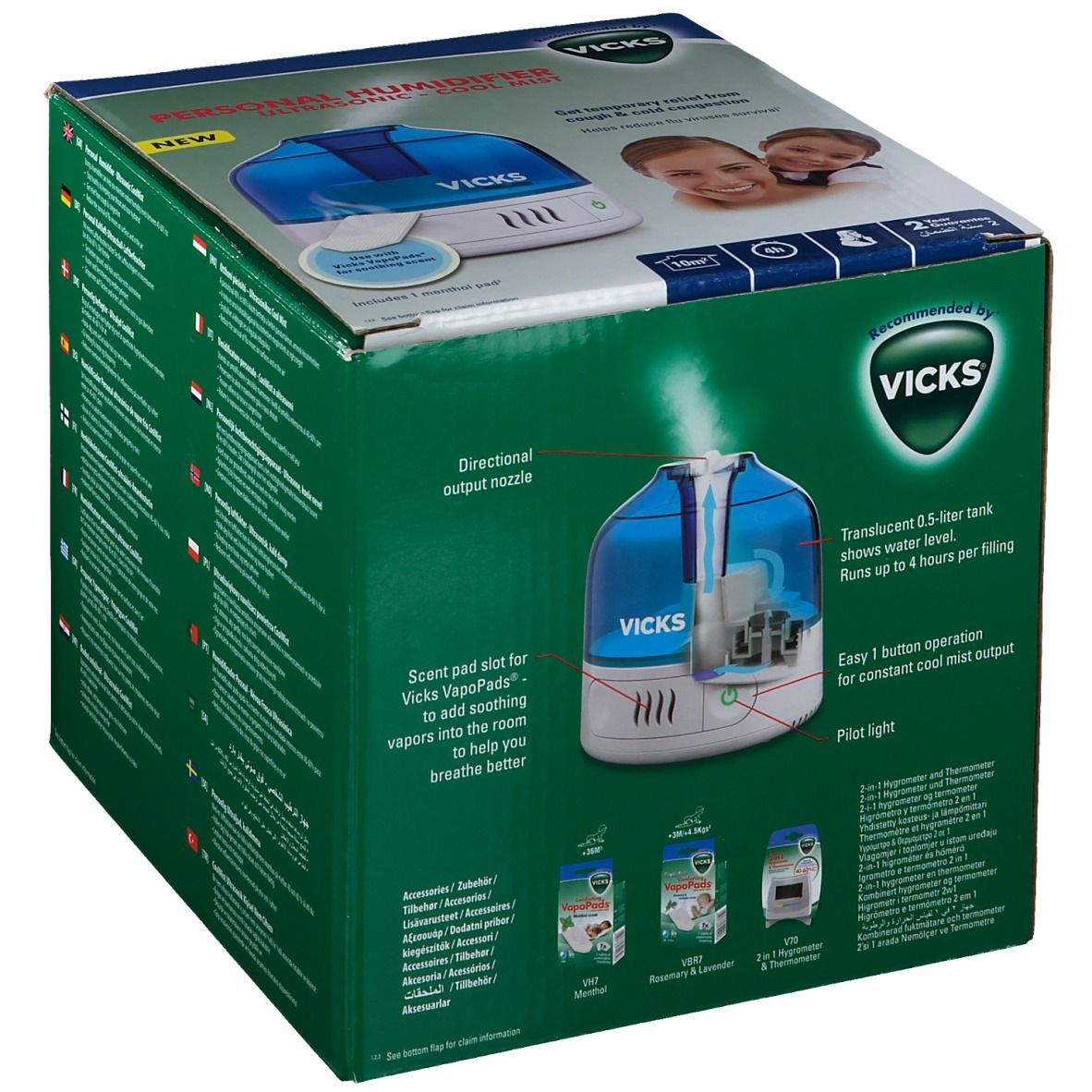 Boîte Vicks Humidificateur personnel. Illustration de l'humidificateur avec caractéristiques. Illustrations d'accessoires.
