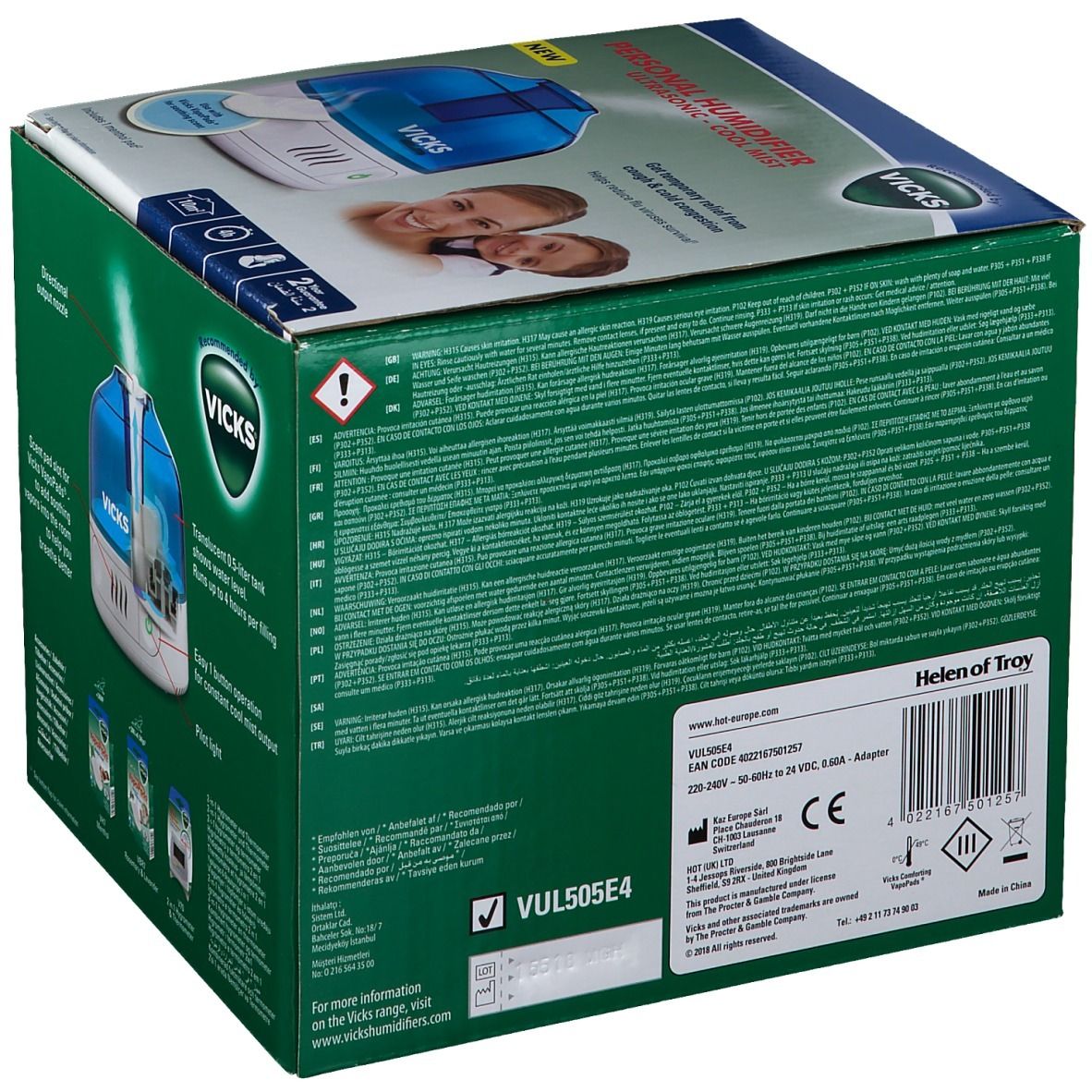 Dos de la boîte Vicks Humidificateur personnel. Données techniques, logos et informations. Numéro de modèle VUL505E4.