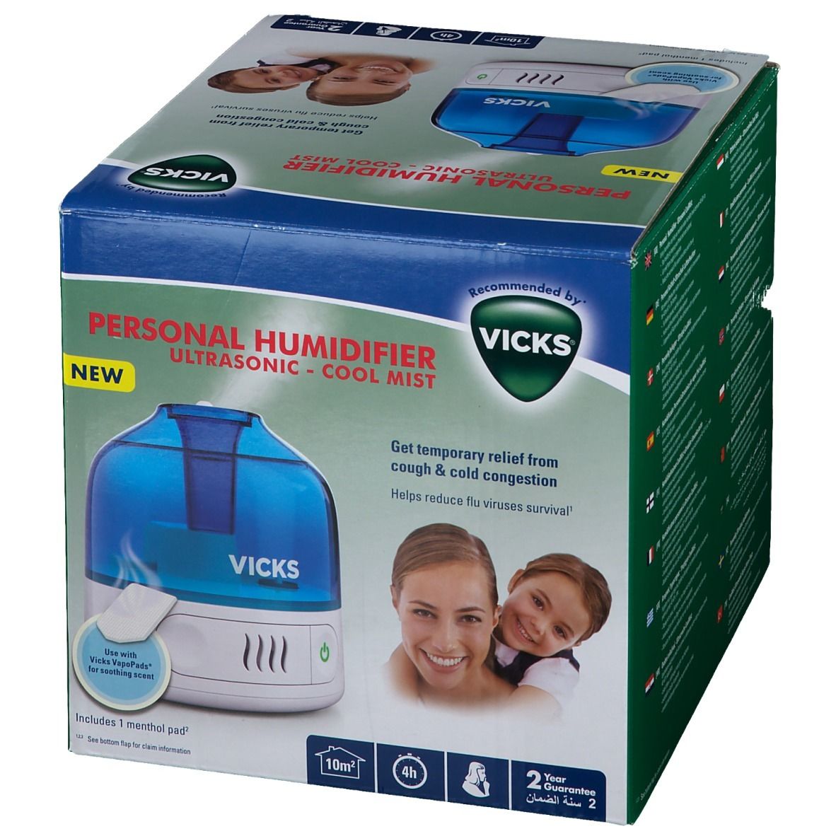 Boîte Vicks Humidificateur personnel. Humidificateur à ultrasons, brume froide, bleu et blanc. Visages de personnes sur l'emballage.