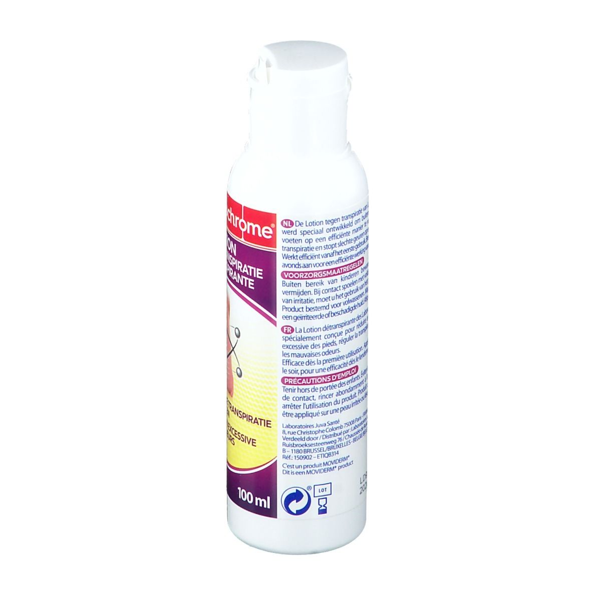 Dos du flacon de lotion Mercurochrome. Texte multilingue. 100 ml.