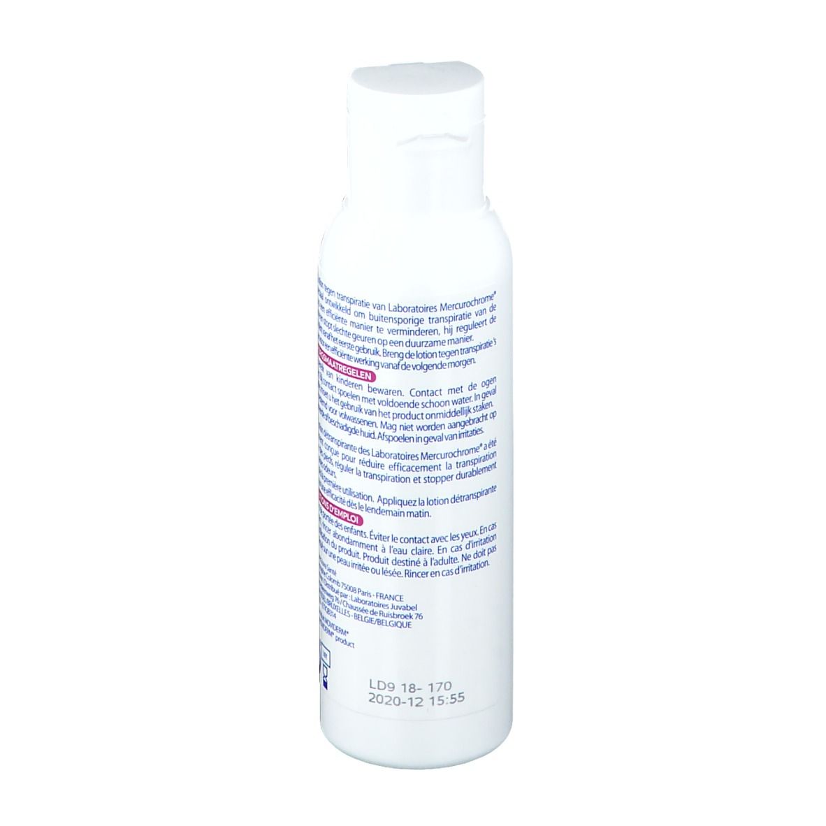 Dos du flacon de lotion Mercurochrome. Texte multilingue. 100 ml.
