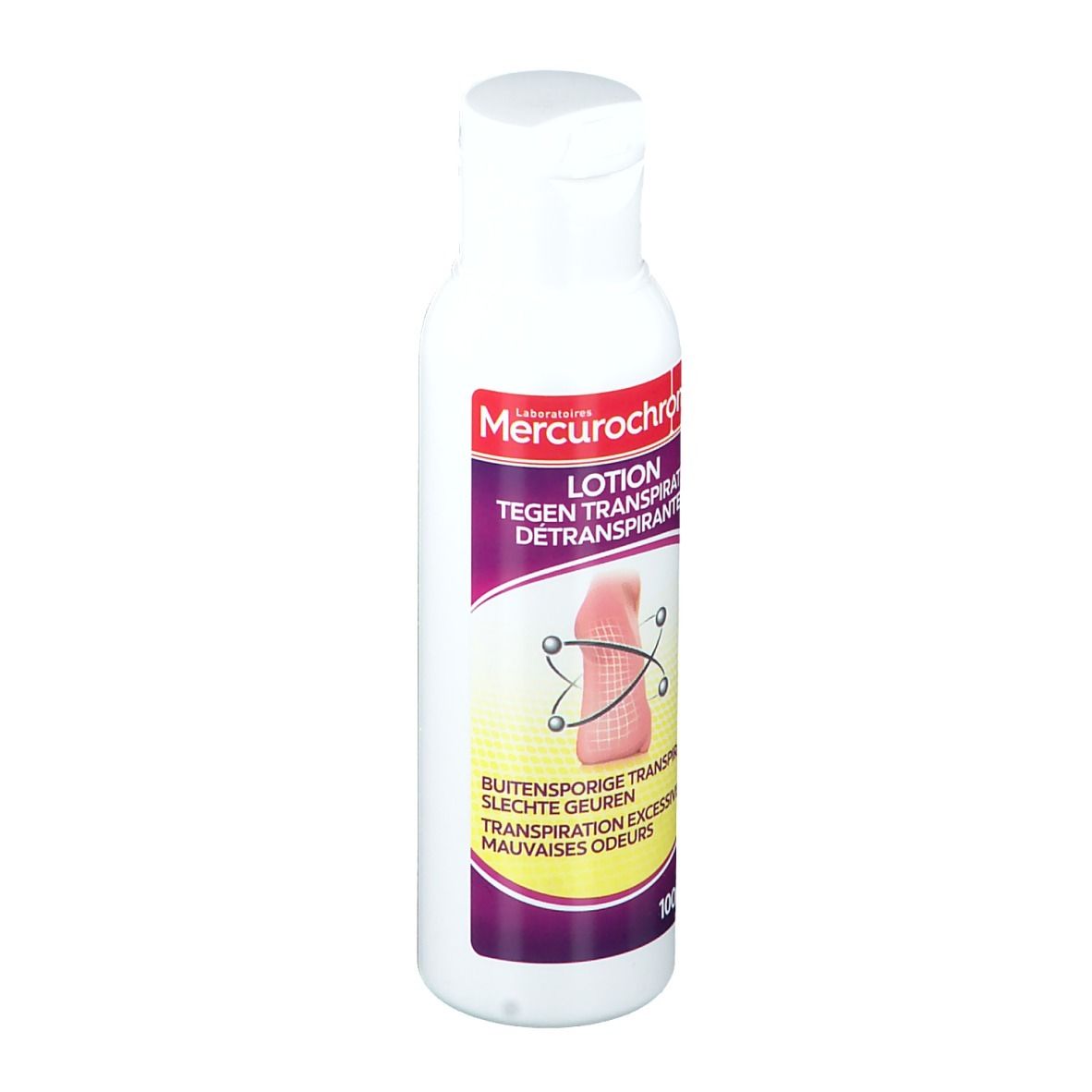 Flacon blanc de lotion Mercurochrome. Inscription: Lotion détranspirante. 100 ml.