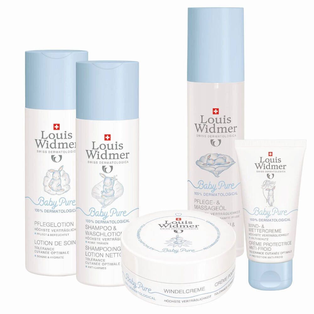 Produktreihe Baby Pure: Lotion, Shampoo, Massageöl, Windelcreme und Wind- & Wettercreme. Blaue Deckel, Logo: Louis Widmer, Hase.