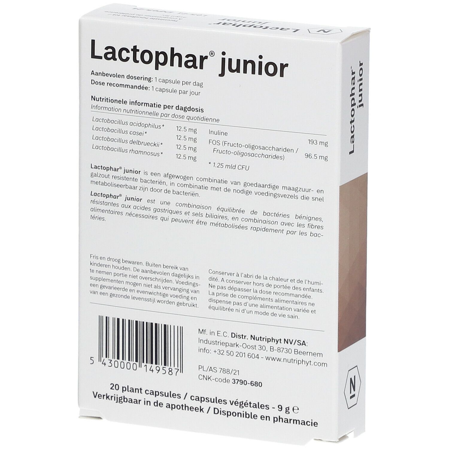 Achterkant van de "Lactophar junior" doos. Bevat informatie over ingrediënten, dosering en fabrikant. 20 plantaardige capsules.