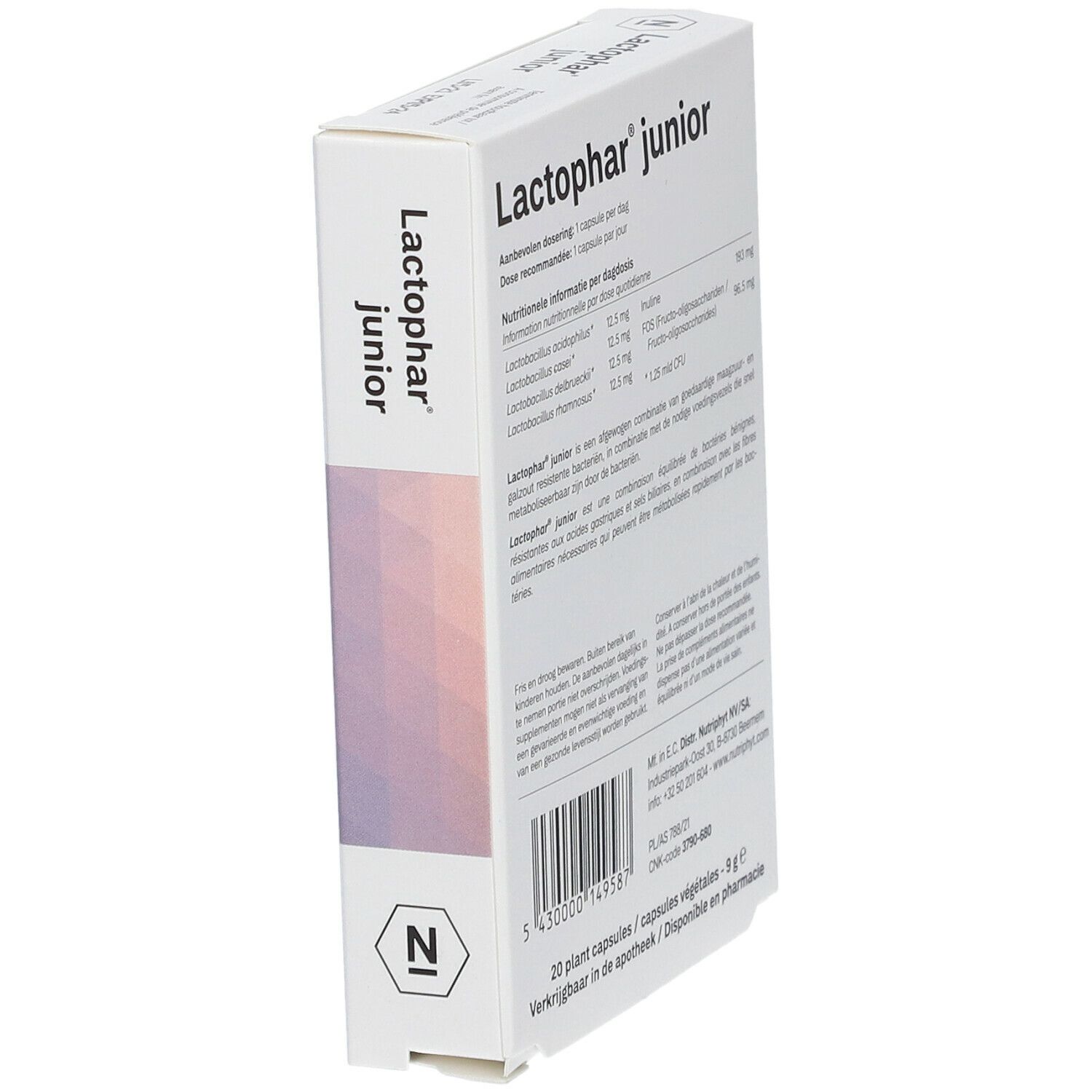 Schuin geplaatste achterkant van de "Lactophar junior" doos. Informatie over ingrediënten, dosering en fabrikant. 20 plantaardige capsules.