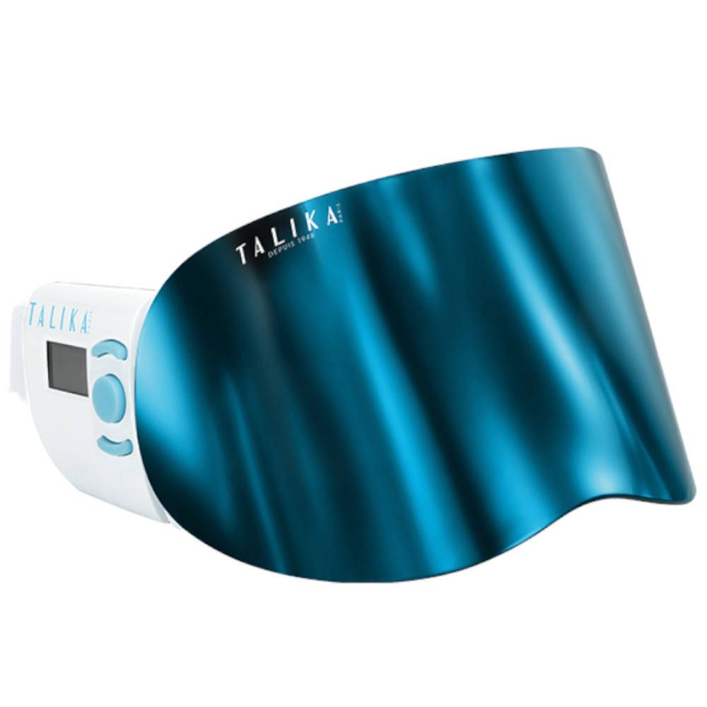 Apparaat met blauw vizier. Witte behuizing met knoppen en display. Merk TALIKA.