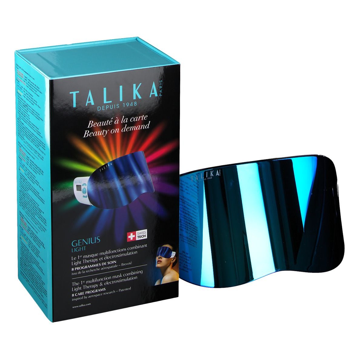 Productverpakking en apparaat. Zwarte doos met productafbeelding. Apparaat met blauw vizier.