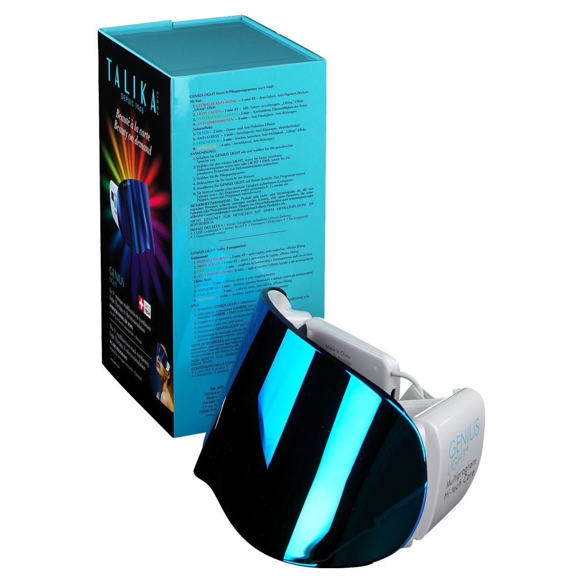 Productverpakking en apparaat. Doos met tekst en apparaat met blauw vizier.