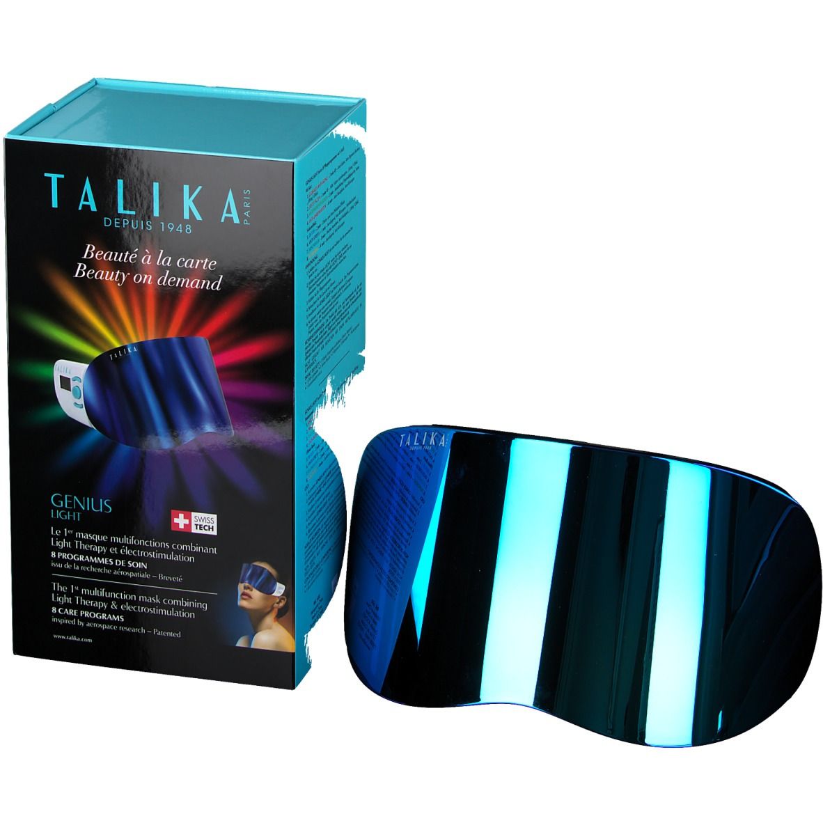 Productverpakking en apparaat. Doos met tekst en apparaat met blauw vizier.