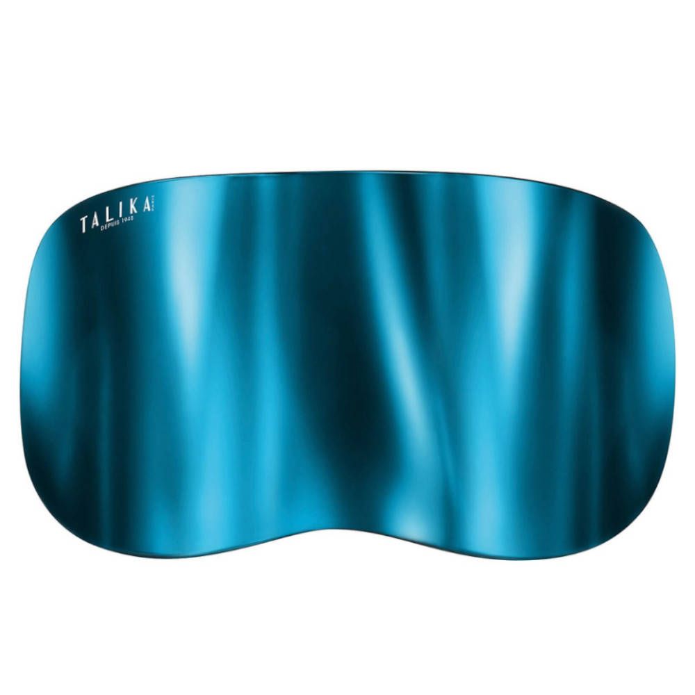 Blauw, ovaal vizier. Merk TALIKA bovenaan. Glad oppervlak.