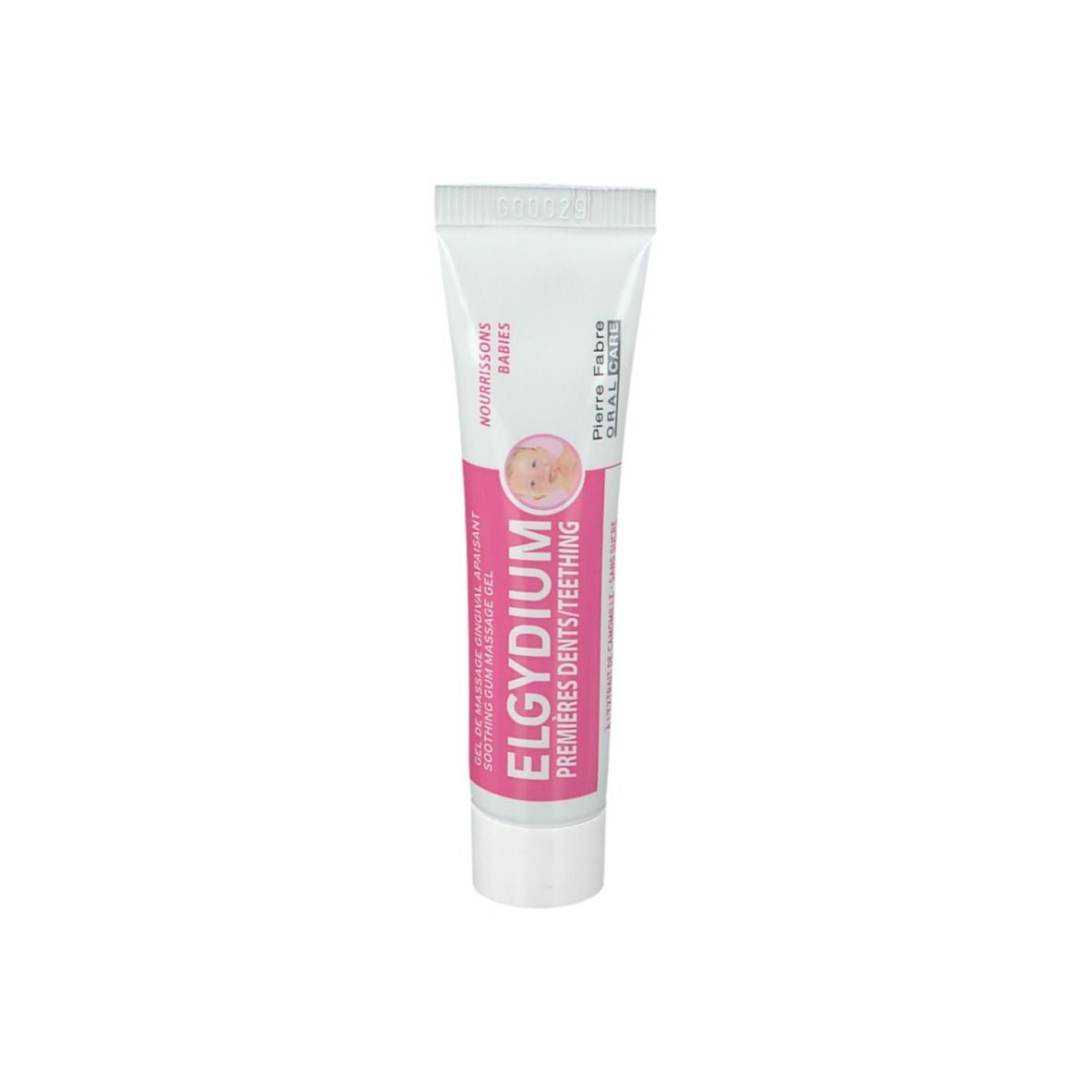 Tube de gel ELGYDIUM, rose, blanc. Texte: Premières Dents/Teething. Fabricant: Pierre Fabre.