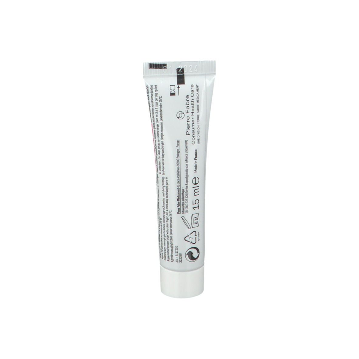 Dos du tube de gel ELGYDIUM. Texte et symboles. Fabricant: Pierre Fabre.
