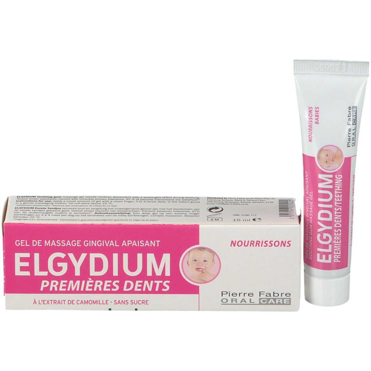Tube et boîte de gel ELGYDIUM. Rose, blanc. Texte: Premières Dents/Teething.