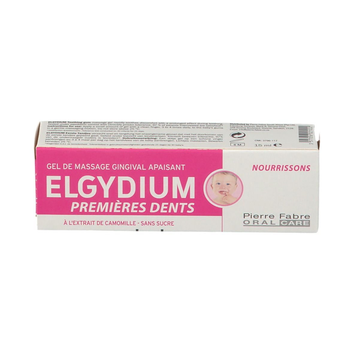 Boîte ELGYDIUM. Rose, blanc. Texte: Premières Dents/Teething. Fabricant: Pierre Fabre.