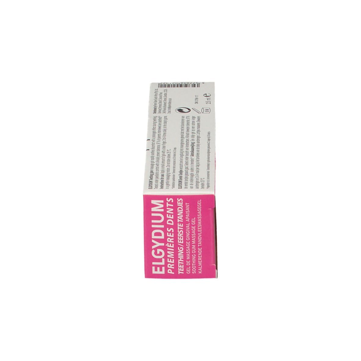 Boîte ELGYDIUM, dessus. Texte: Premières Dents/Teething. Fabricant: Pierre Fabre.