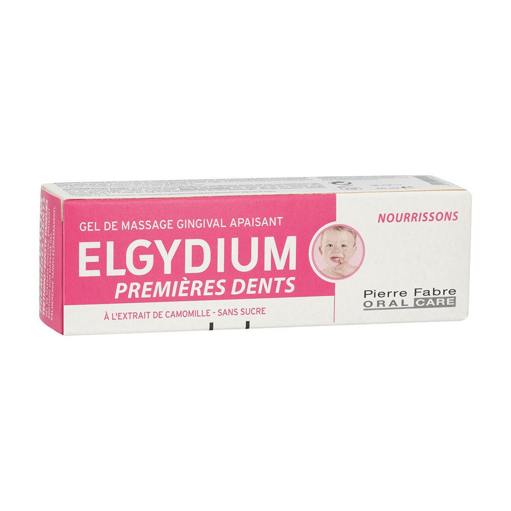 Boîte rose ELGYDIUM Premières Dents/Teething. Texte: Gel de massage gingival apaisant.