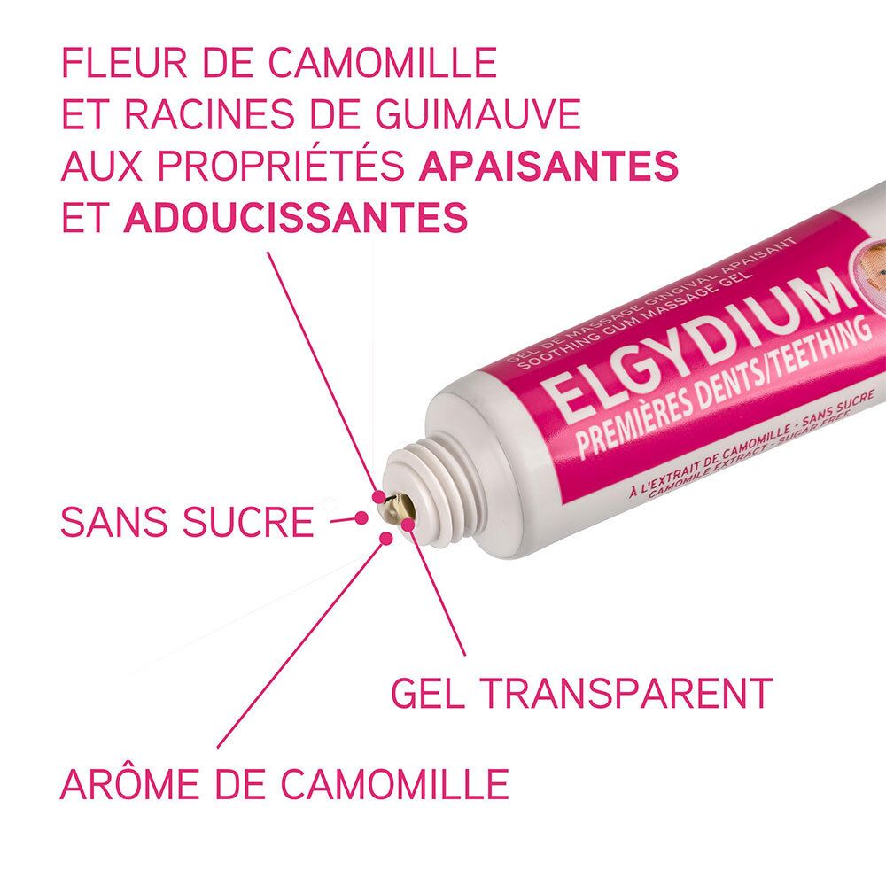 Tube de gel ELGYDIUM, gros plan. Texte: sans sucre, camomille. Gel transparent.