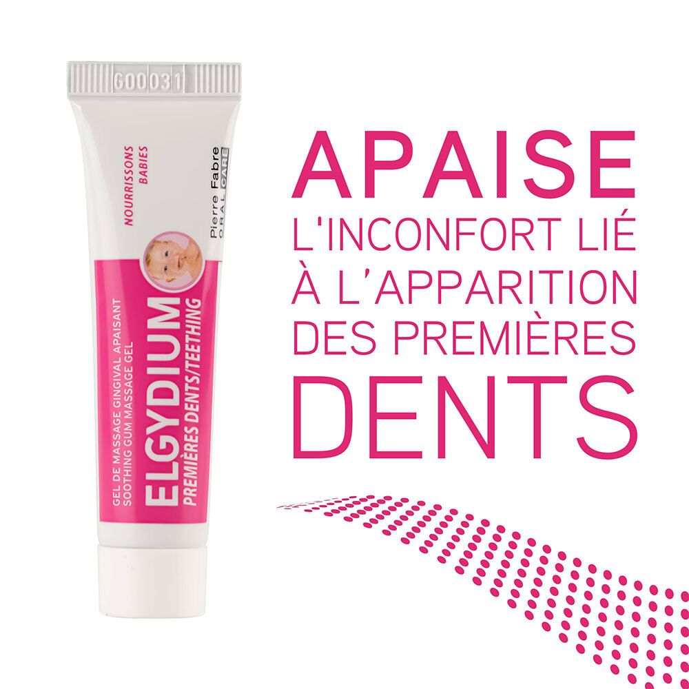 Tube de gel ELGYDIUM, rose, blanc. Texte: apaise l'inconfort des premières dents.