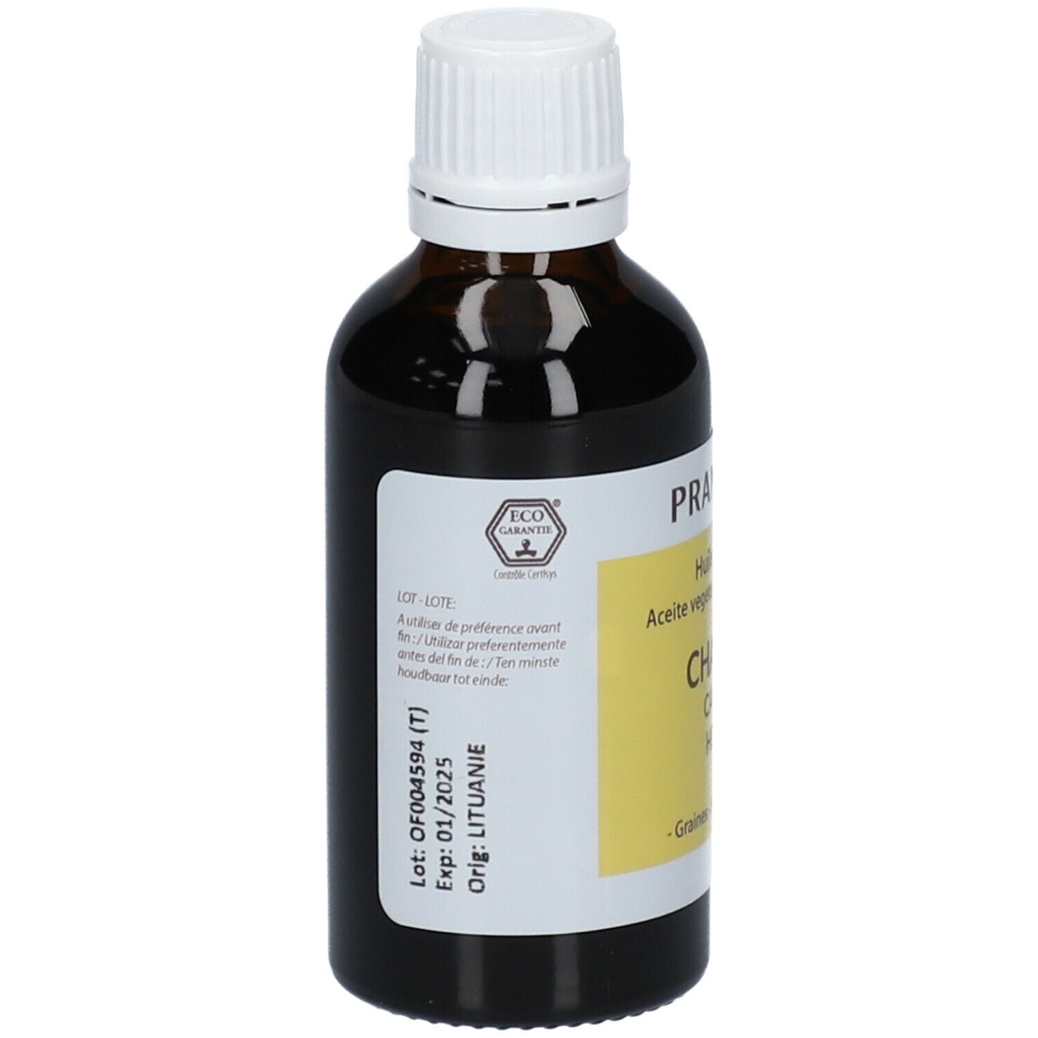 Braune Glasflasche mit weißem Deckel. Etikett mit Produktnamen und BIO-Siegel. Aufschrift: Chanvre, Hanföl. ECO Garantie-Siegel.