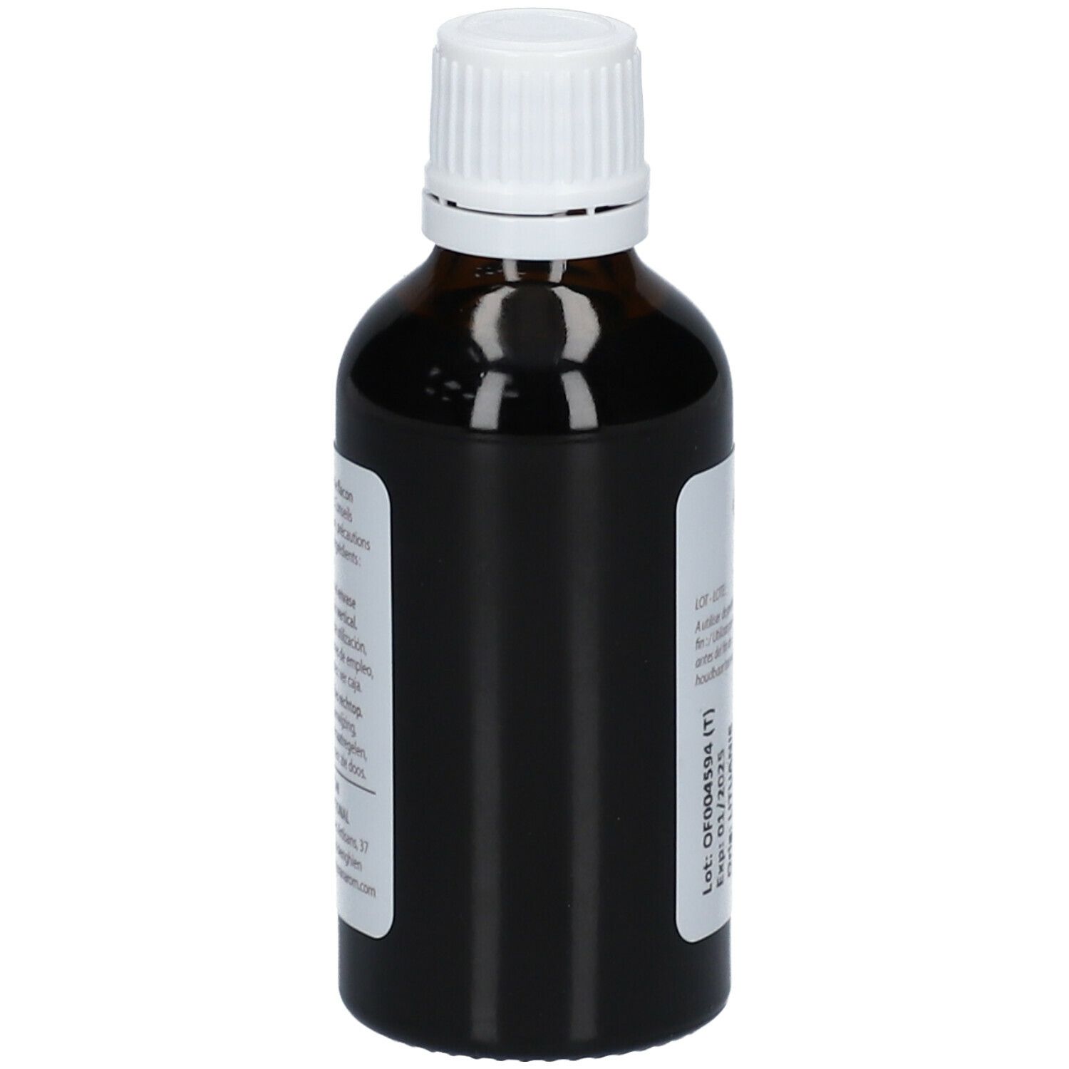 Braune Glasflasche mit weißem Deckel. Etikett mit Produktinformationen. Aufschrift: Chanvre, Hanföl. Chargennummer und Verfallsdatum.